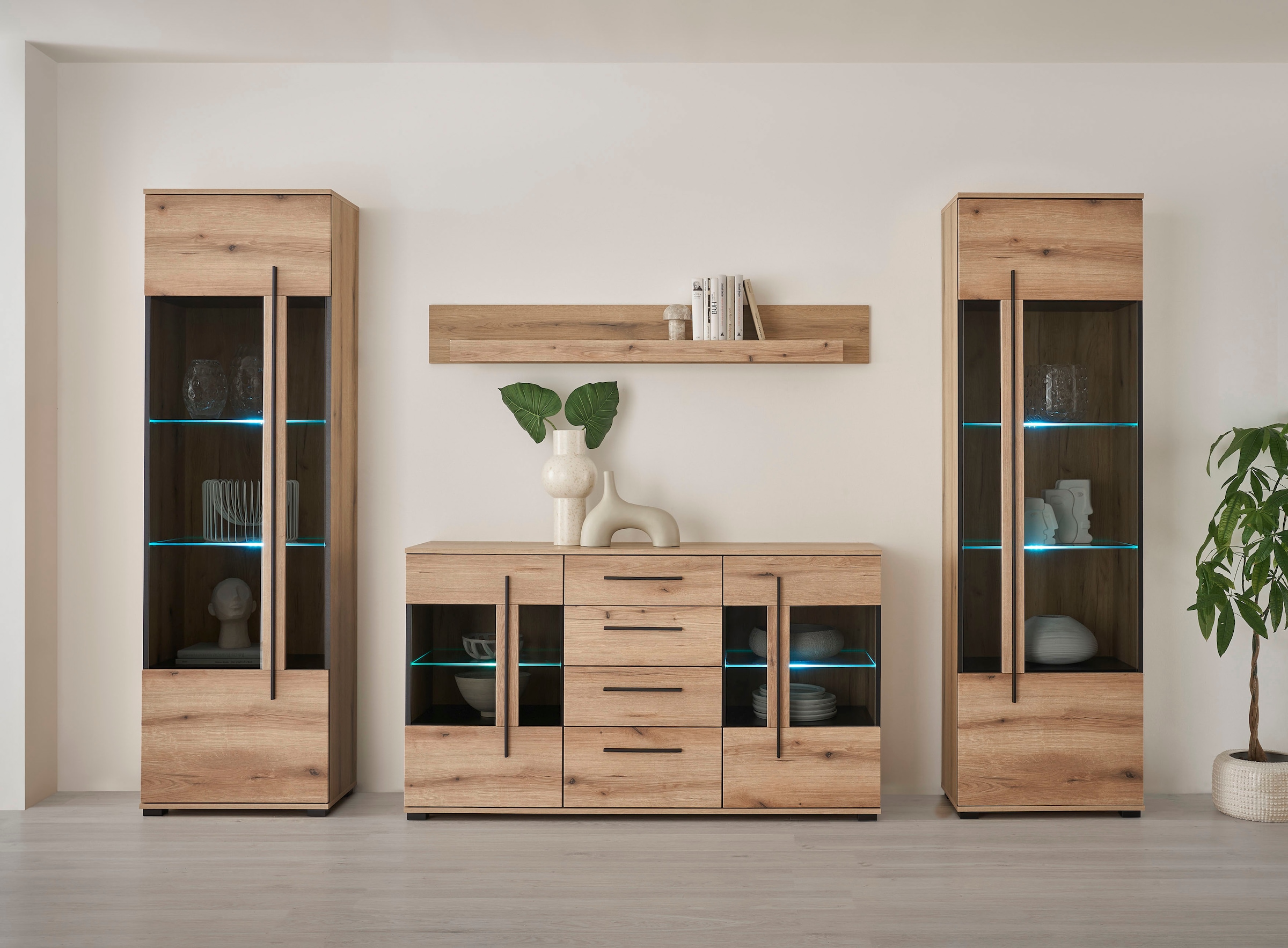 INOSIGN Wohnwand »Cantara, moderne Anbauwand, Wohnzimmer-Set, in Eiche Evoke oder Weiß«, (Set), enthält zwei Vitrinen, ein Sideboard und ein Wandboard
