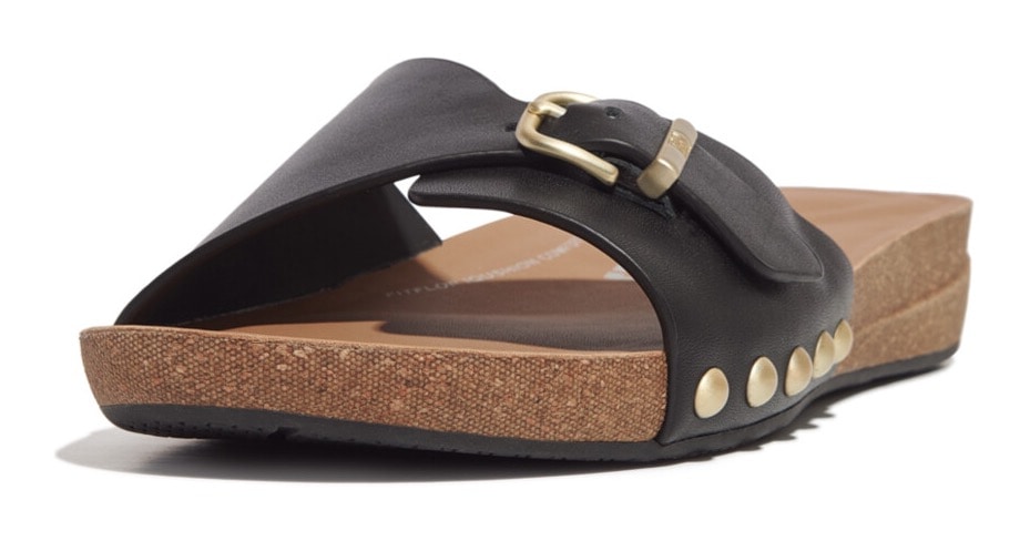 Fitflop Pantolette »IQUSHION ADJUSTABLE BUCKLE LEATHER SLIDES«, Sommerschuh, Schlappen mit verstellbarer Bandage