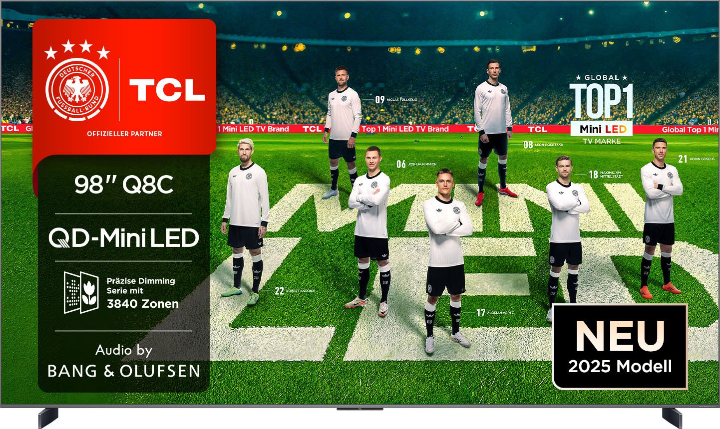 TCL Mini-LED-Fernseher "98Q8CX7", 98, schwarz, Fernseher, Audio von Bang & Olufsen, Smart TV, Apple TV, 144Hz, 4K, Dolby Vision
