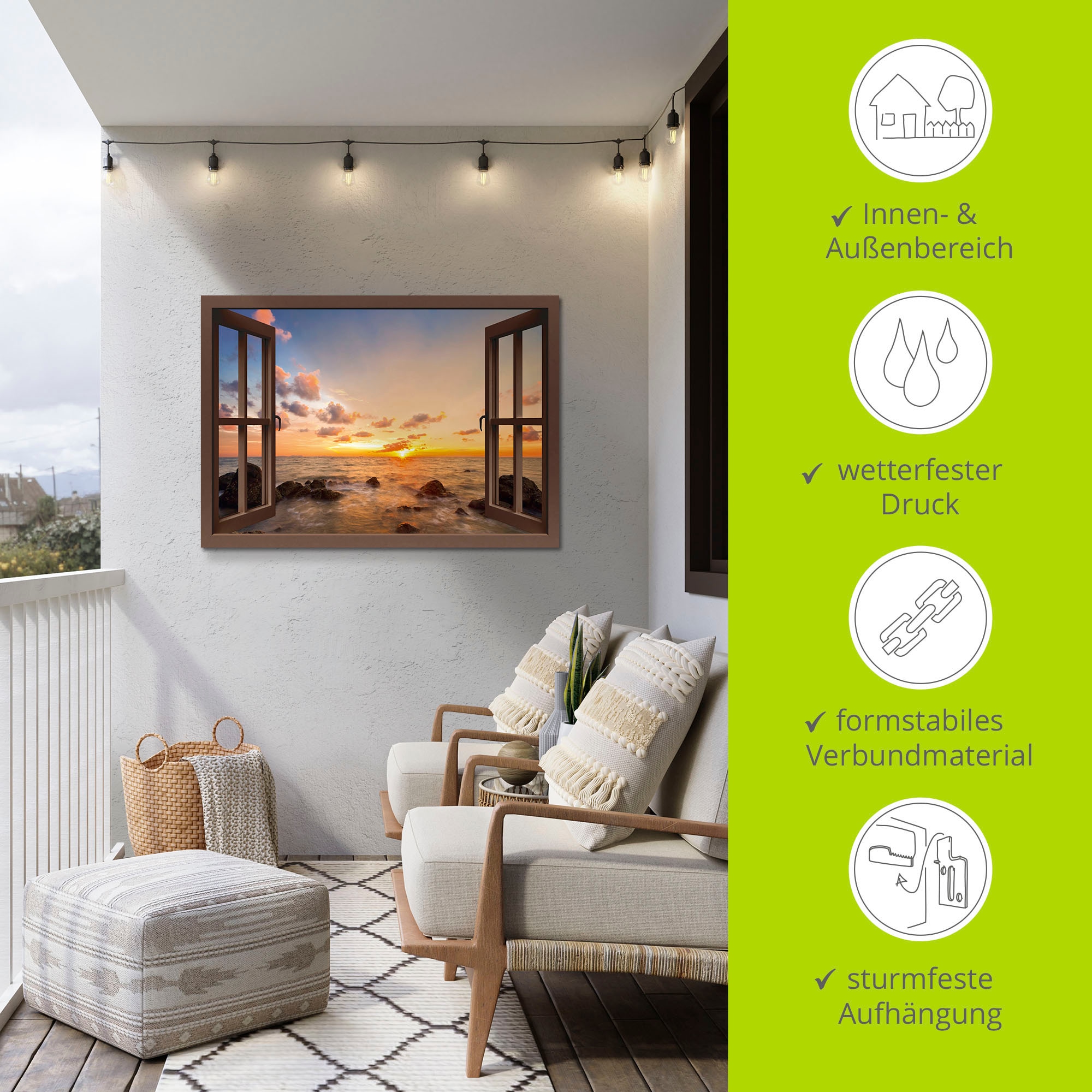 Artland Wandbild »Fensterblick Sonnenuntergang am Meer«, Fensterblick, (1 St.), als Alubild, Outdoorbild, Leinwandbild, Poster, Wandaufkleber