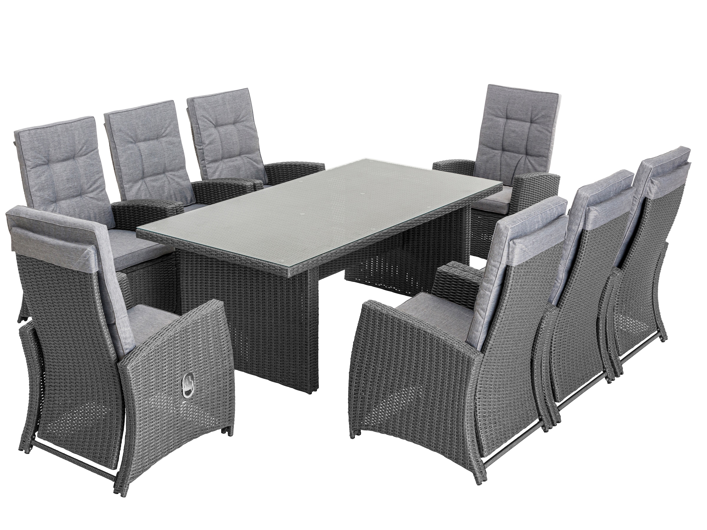KONIFERA Garten-Essgruppe »»New Paris««, (Set, 25 tlg., 8 Sessel, Rückenlehne verstellbar, Tisch 100x200x75 cm, inkl. Auflagen), Aluminium/Polyrattan