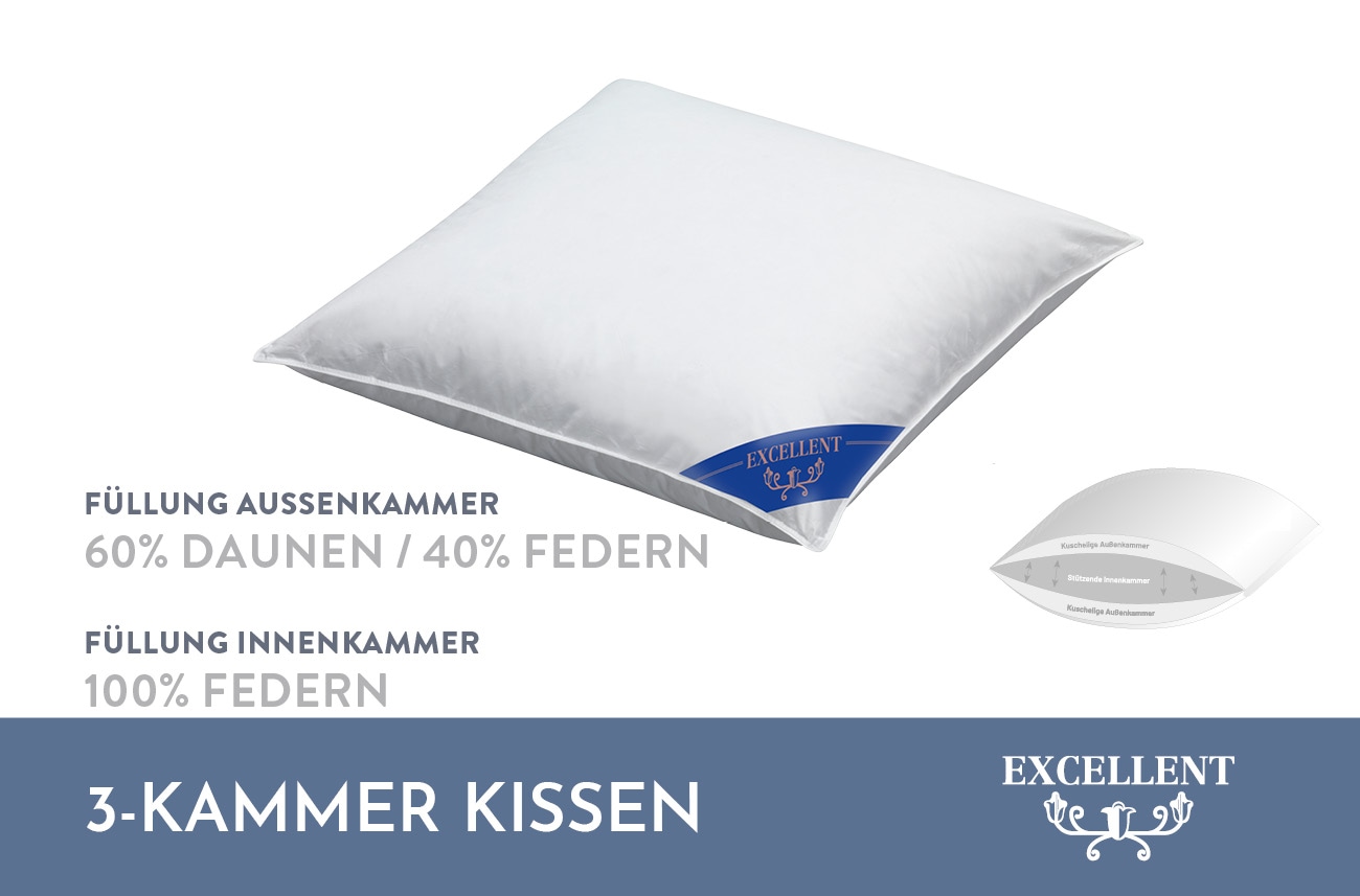 Excellent 3-Kammer-Kopfkissen »Venedig Kissen erhältlich im Einzel- oder Doppelpack!«, Füllung: 60% Daunen Außenkammer, Bezug: 100% Baumwolle, hergestellt in Deutschland, allergikerfreundlich.