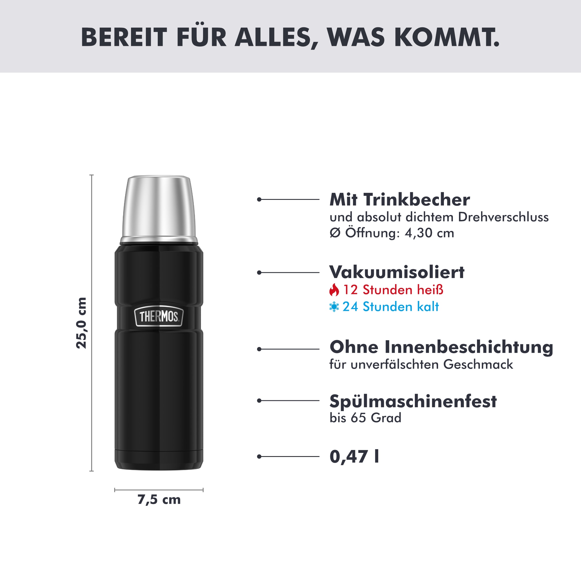THERMOS Isolierflasche »STAINLESS KING BEVERAGE BOTTLE, doppelwandiger Edelstahl« 0,47l, 12h heiß & 24h kalt, Twist & Pour Lid, Becher