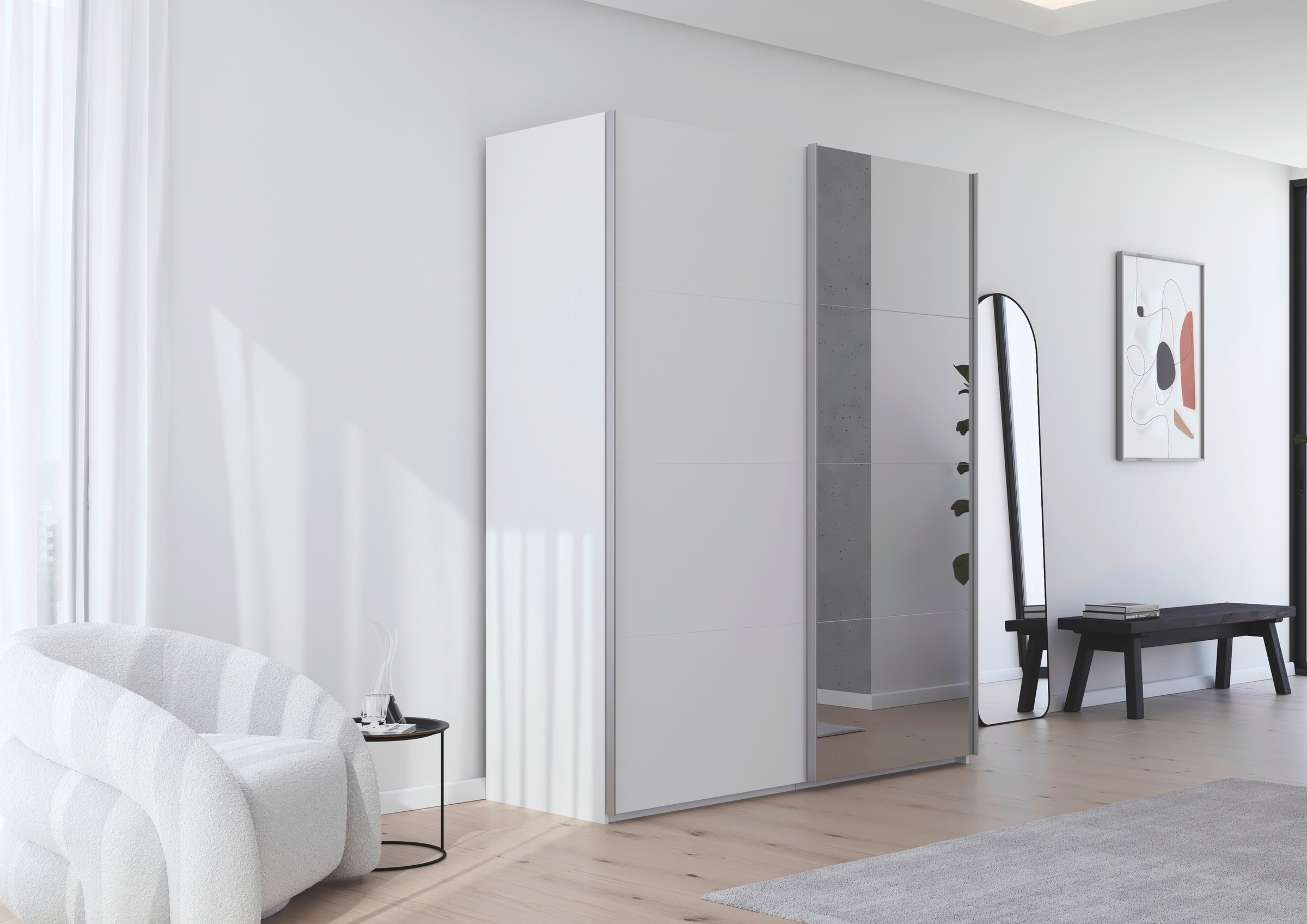 rauch Schwebetürenschrank »Kleiderschrank Schrank Garderobe Schlafzimmerschrank SCALE-FYRA«, edle viergeteilte Türen mit Spiegel und vielen Farben MADE IN GERMANY