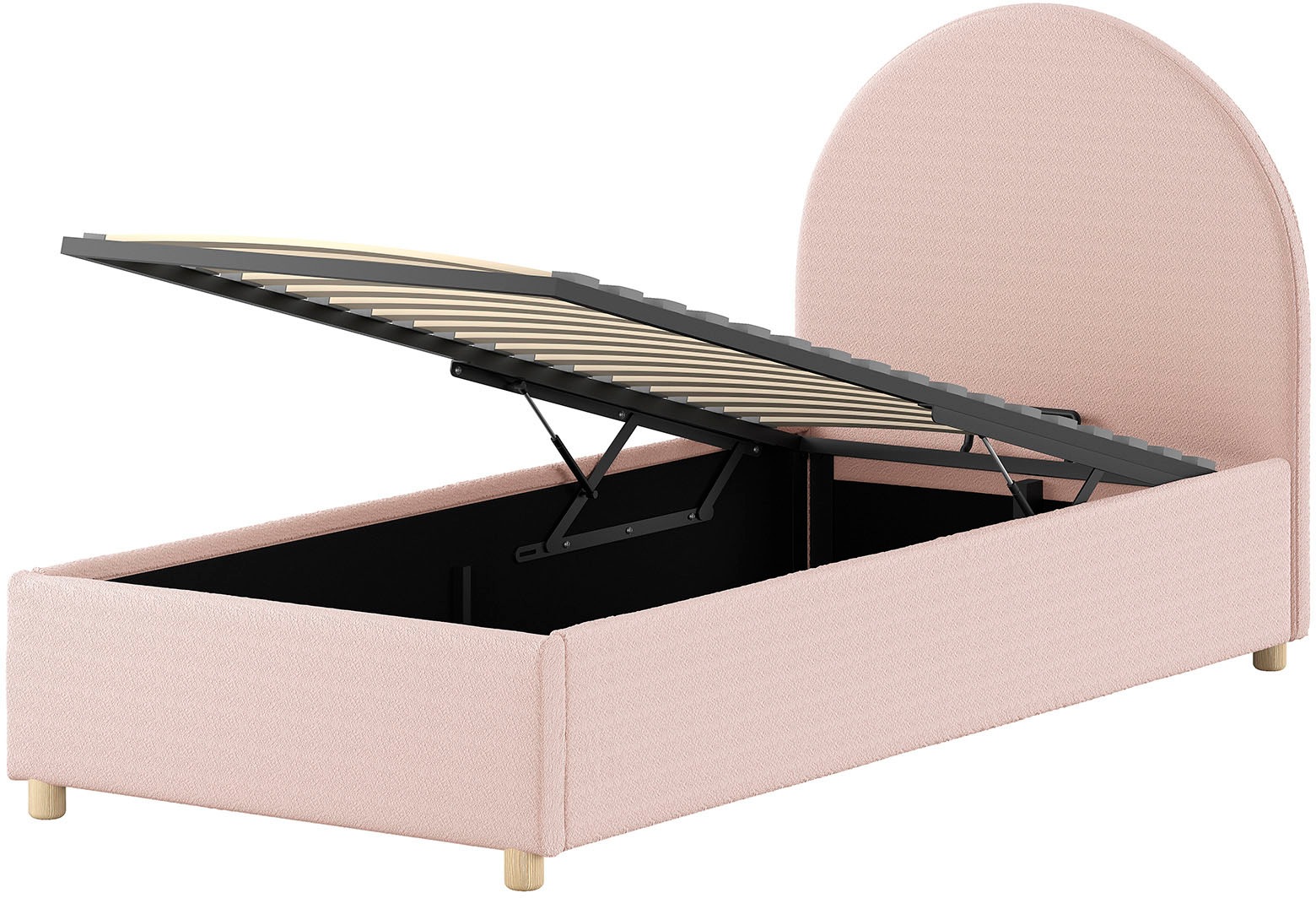 Vipack Boxbett »Moon, mit Lattenrost und Stauraum, modernes Design«, (gerundetes Kopfteil und in 2 Breiten erhältlich), inkl. Massivholz Füßen in natur, 3 Stoff Farben zur Auswahl