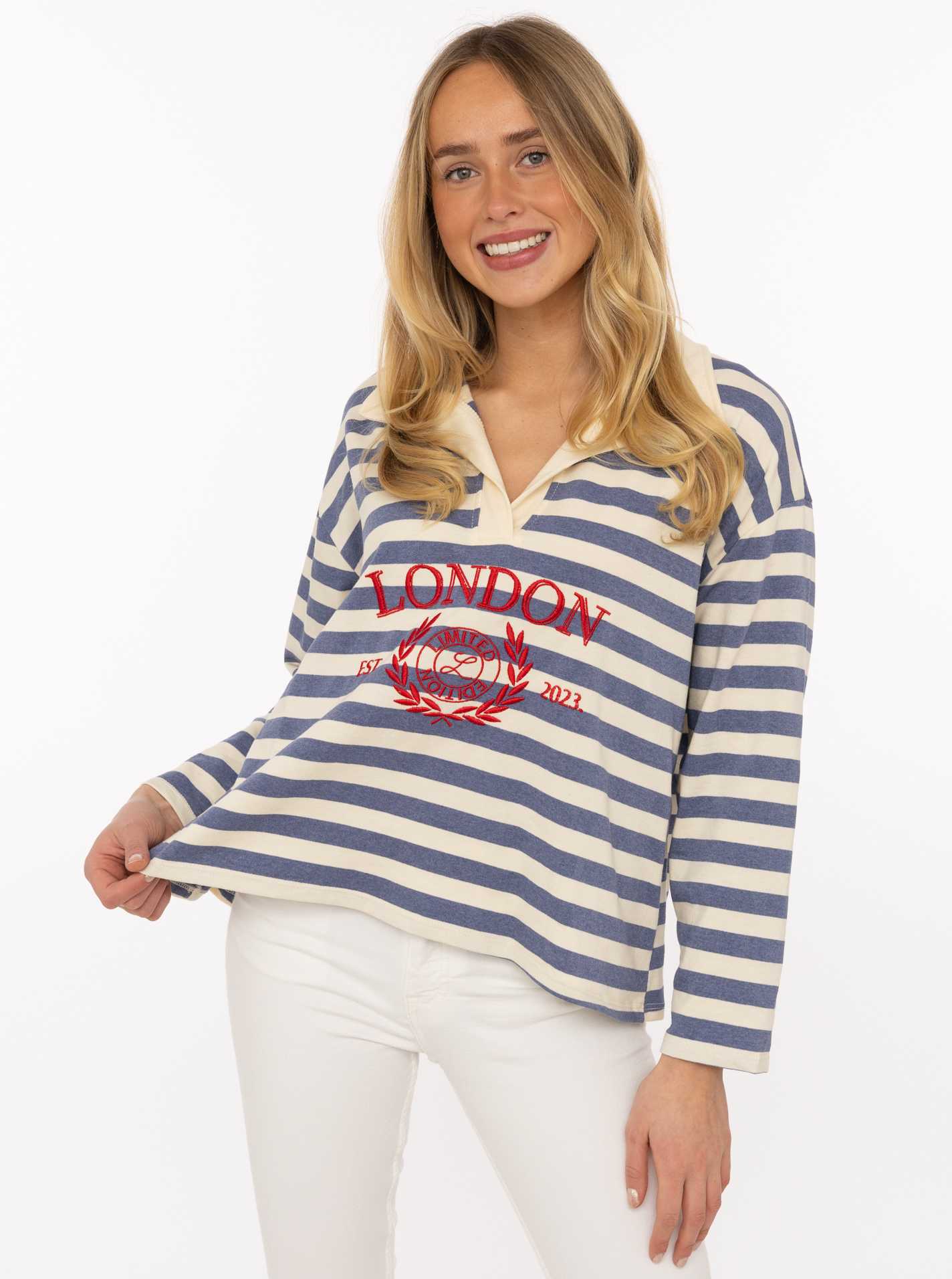 Zwillingsherz Langarmshirt ""London"" gestreift, Polokragen, Aufdruck