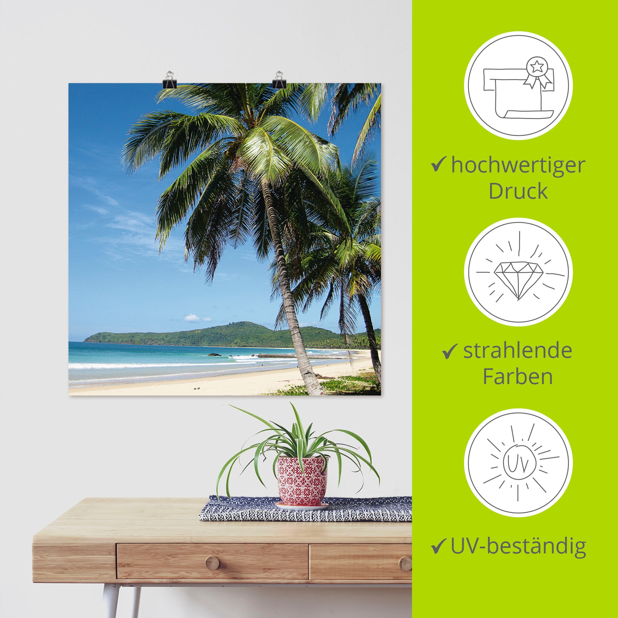 Artland Wandbild »Strand mit Palmen«, Strandbilder, (1 St.), als Alubild, Outdoorbild, Leinwandbild, Poster, Wandaufkleber