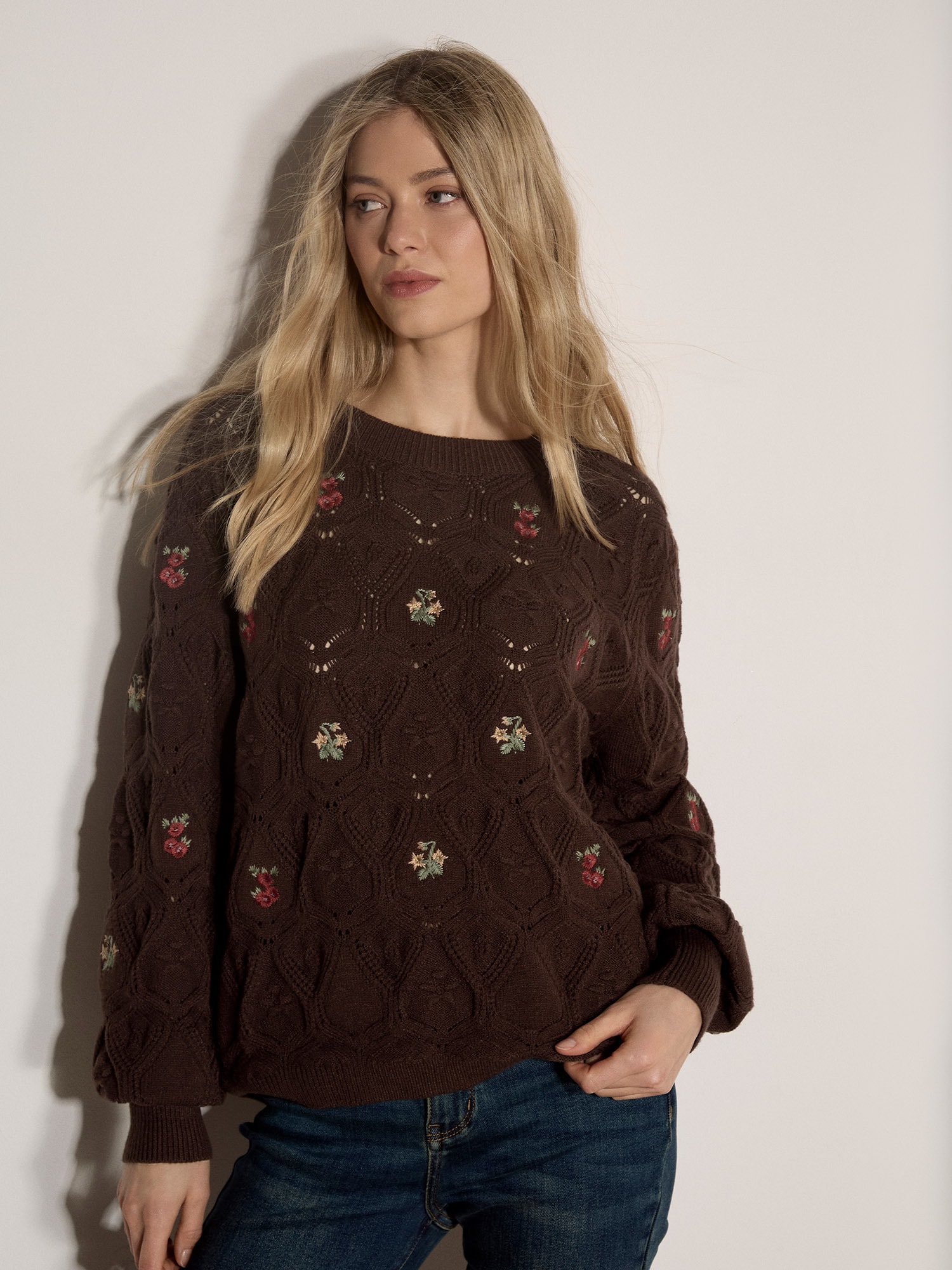 Apricot Strickpullover »Oberteil aus Pointelle-Strick« mit Blumenstickerei