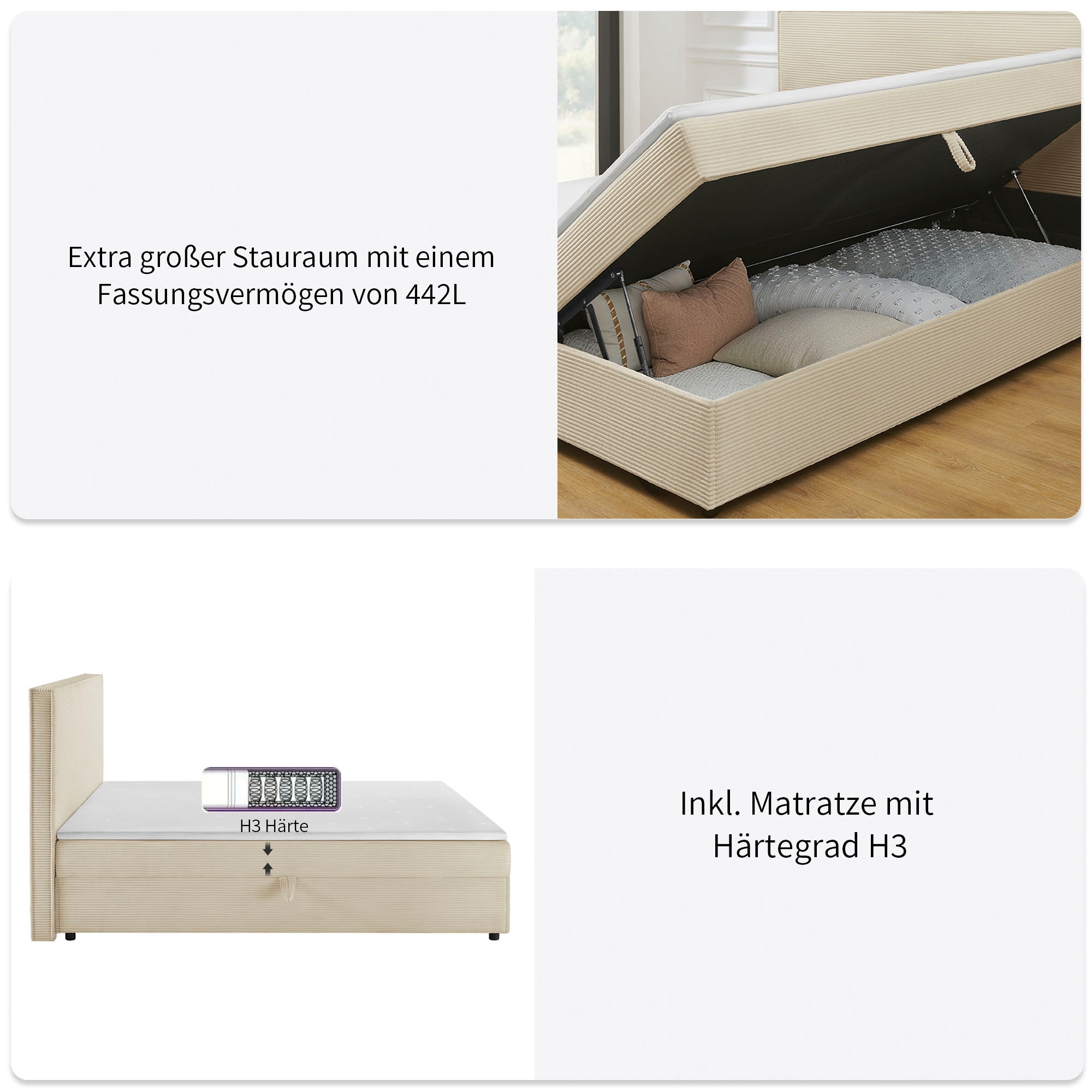 OTTO home Boxbett »Eliaas inkl. Bettkasten und Topper, Liegefläche 180x200cm« erhältlich in hochwertigem Cord-Stoff und der Größe 180x200cm