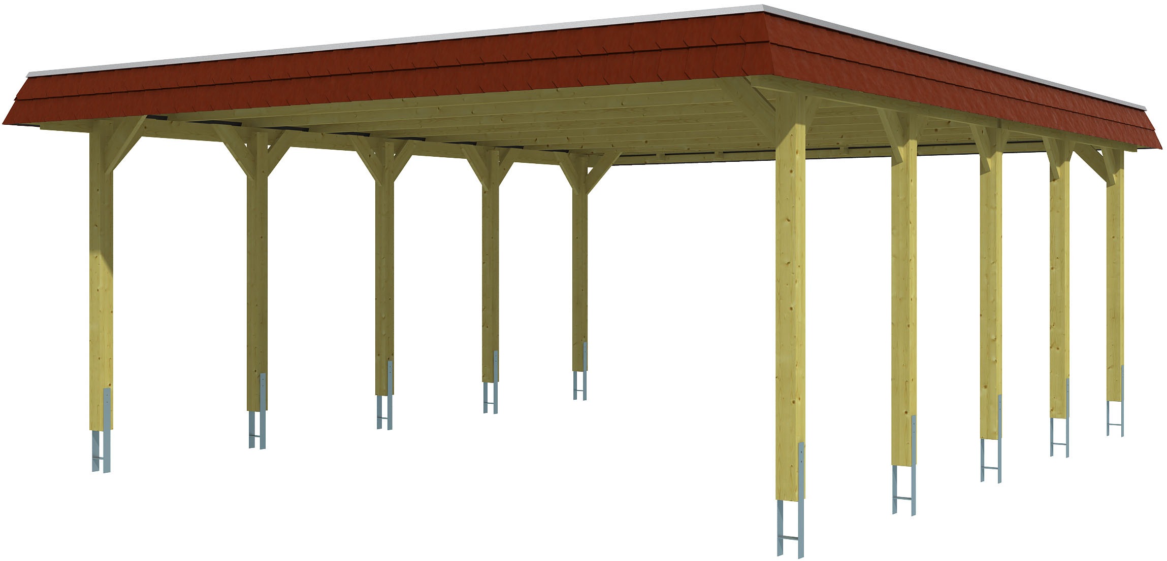 Skanholz Doppelcarport "Spreewald", Nadelholz, 530 cm, Nussbaum, mit Aluminiumdach, rote Blende