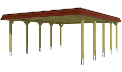 Doppelcarport »Spreewald«, Nadelholz, 530 cm, Nussbaum, 585x741cm mit Aluminiumdach...