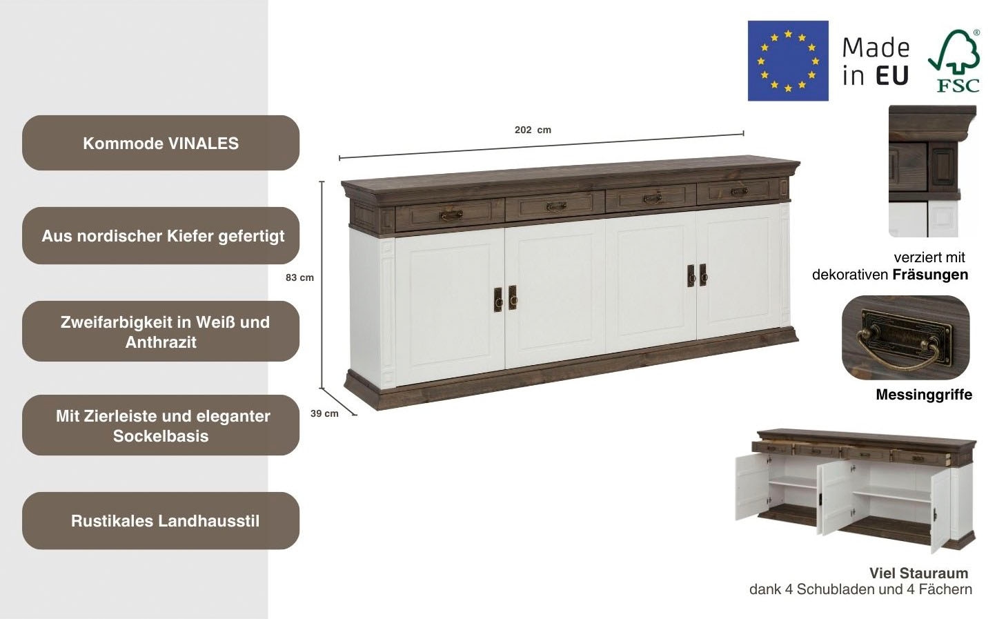Home affaire Sideboard »Vinales«, Kommode im klassischen Landhausstil, Breite 202 cm