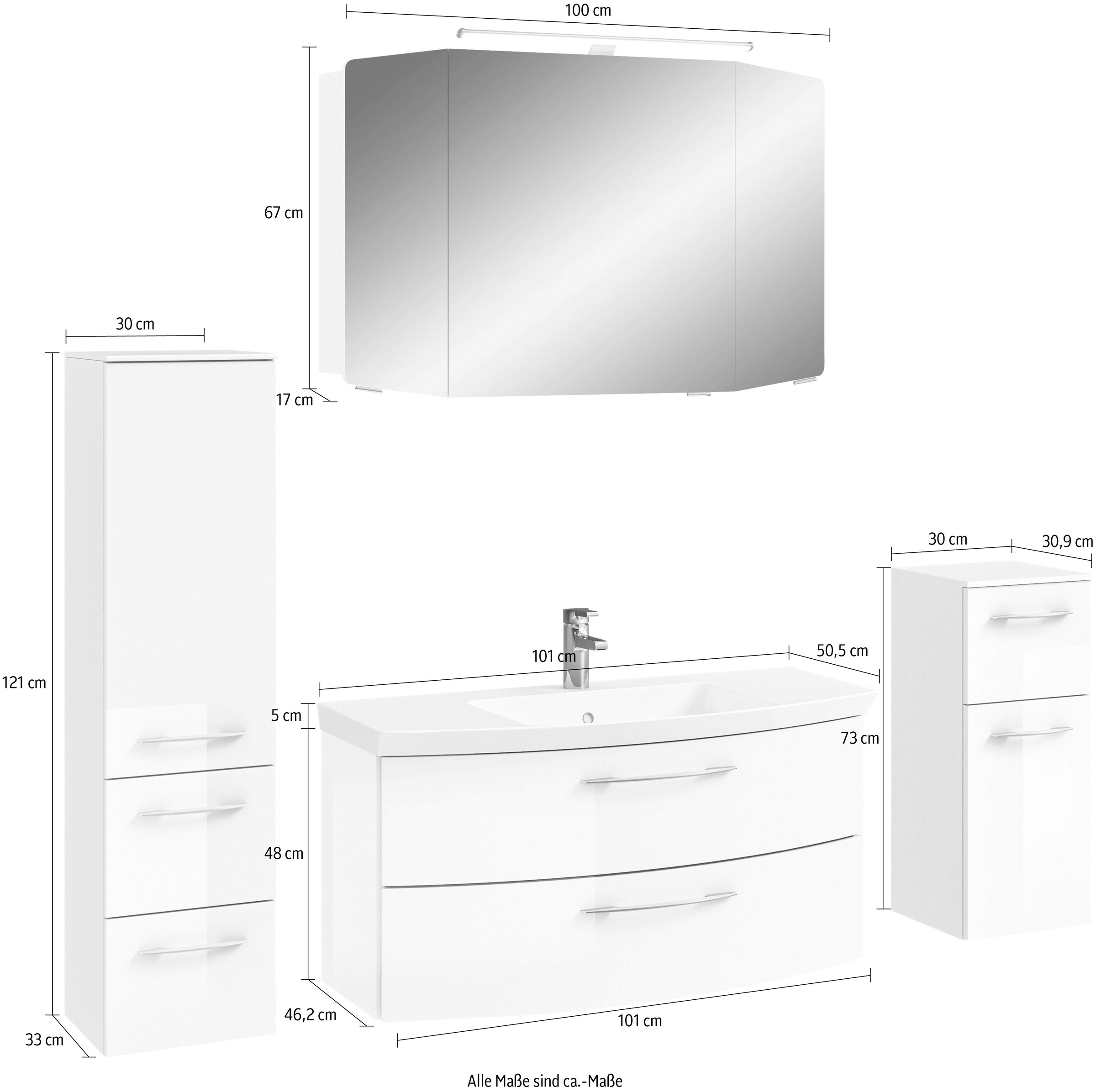 Saphir Badezimmer-Set »Cassca Sprint 4-teilig Mineralmarmor-Waschtisch mit LED-Spiegelschrank«, (5 St.), Midischrank, Unterschrank, inkl. Türdämpfer, 5 Türen, 5 Schubladen