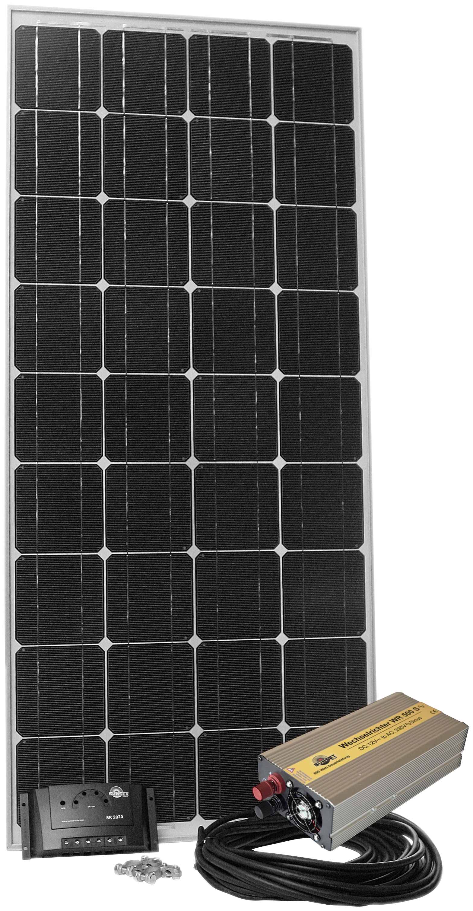 Sunset Solarmodul »Stromset AS 140, 140 Watt, 230 V«, (Set), für Gartenhaus oder Reisemobil, auch zum Laden von E-Bikes geeignet