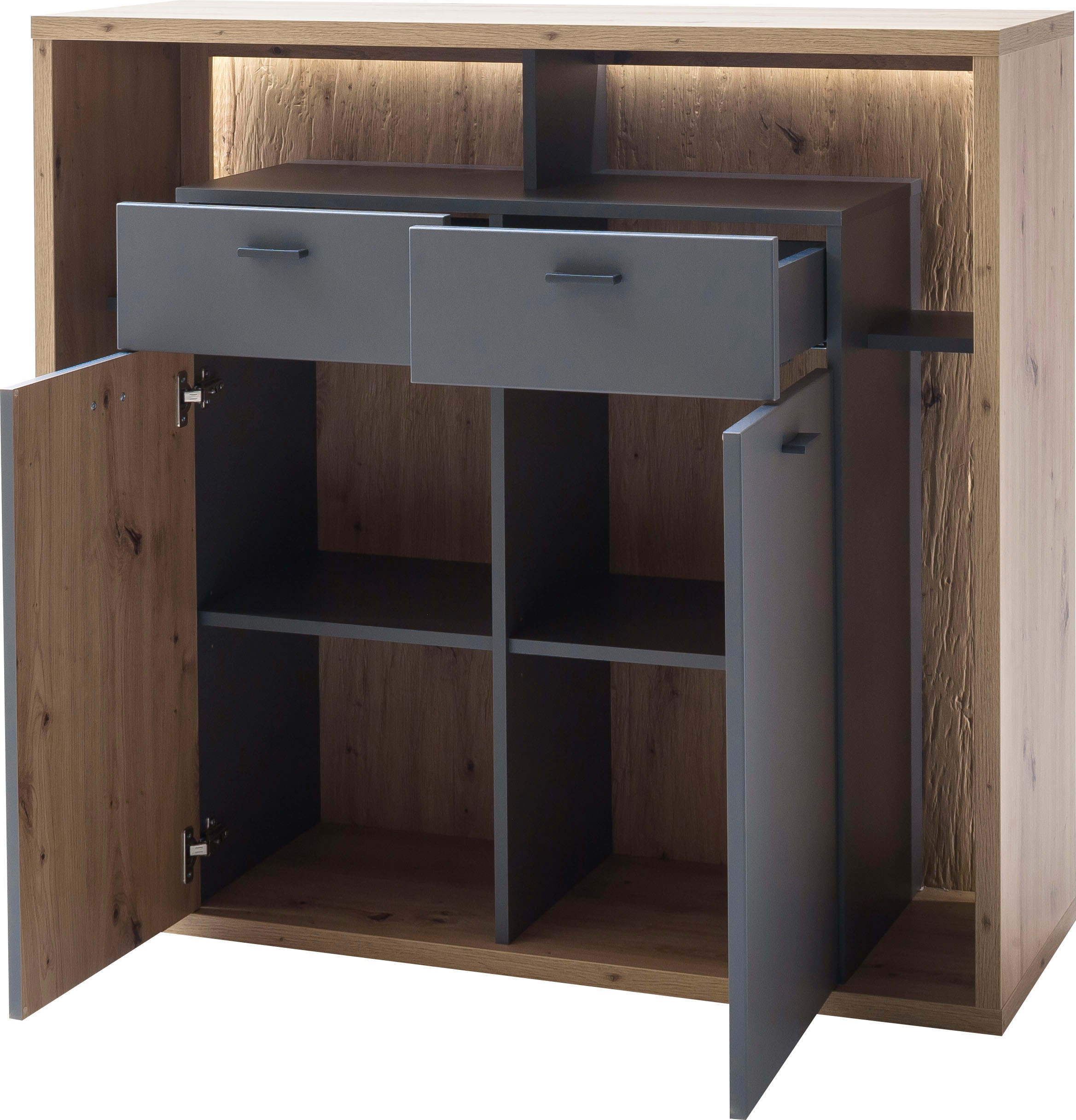 MCA furniture Highboard »Lizzano«, Wohnzimmerschrank mit 3-D Rückwand, wahlweise mit Beleuchtung