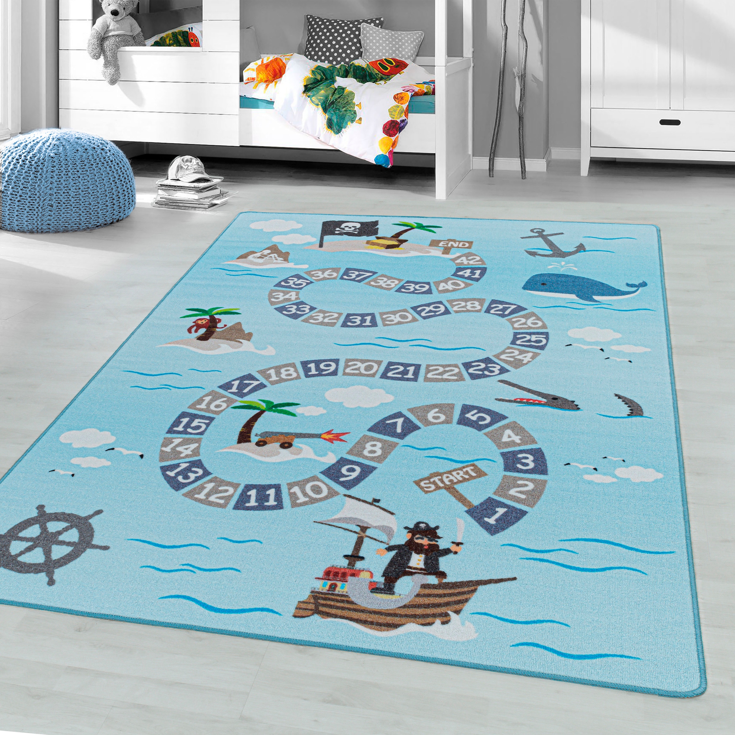 Ayyildiz Teppiche Kinderteppich "PLAY 2908" rechteckig 6 mm Höhe robuster Kurzflor,Pirat, Zahlen Spiele Teppich,Kinderzimmer