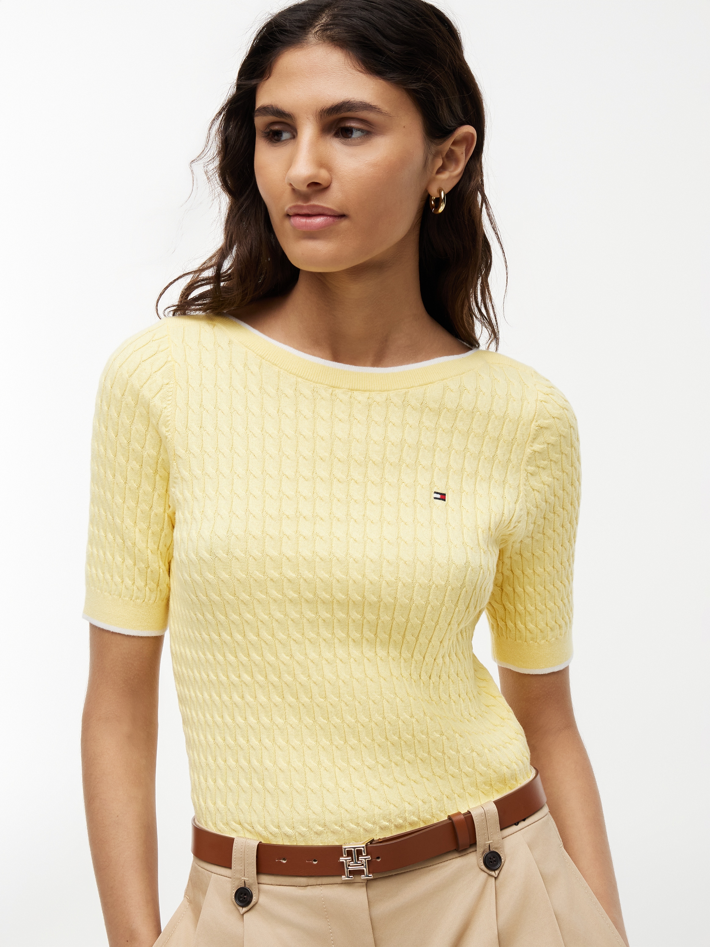 Tommy Hilfiger Kurzarmpullover »FINE GG CABLE BOAT NK S/S« Baumwolle, mit Zopfstrickmuster