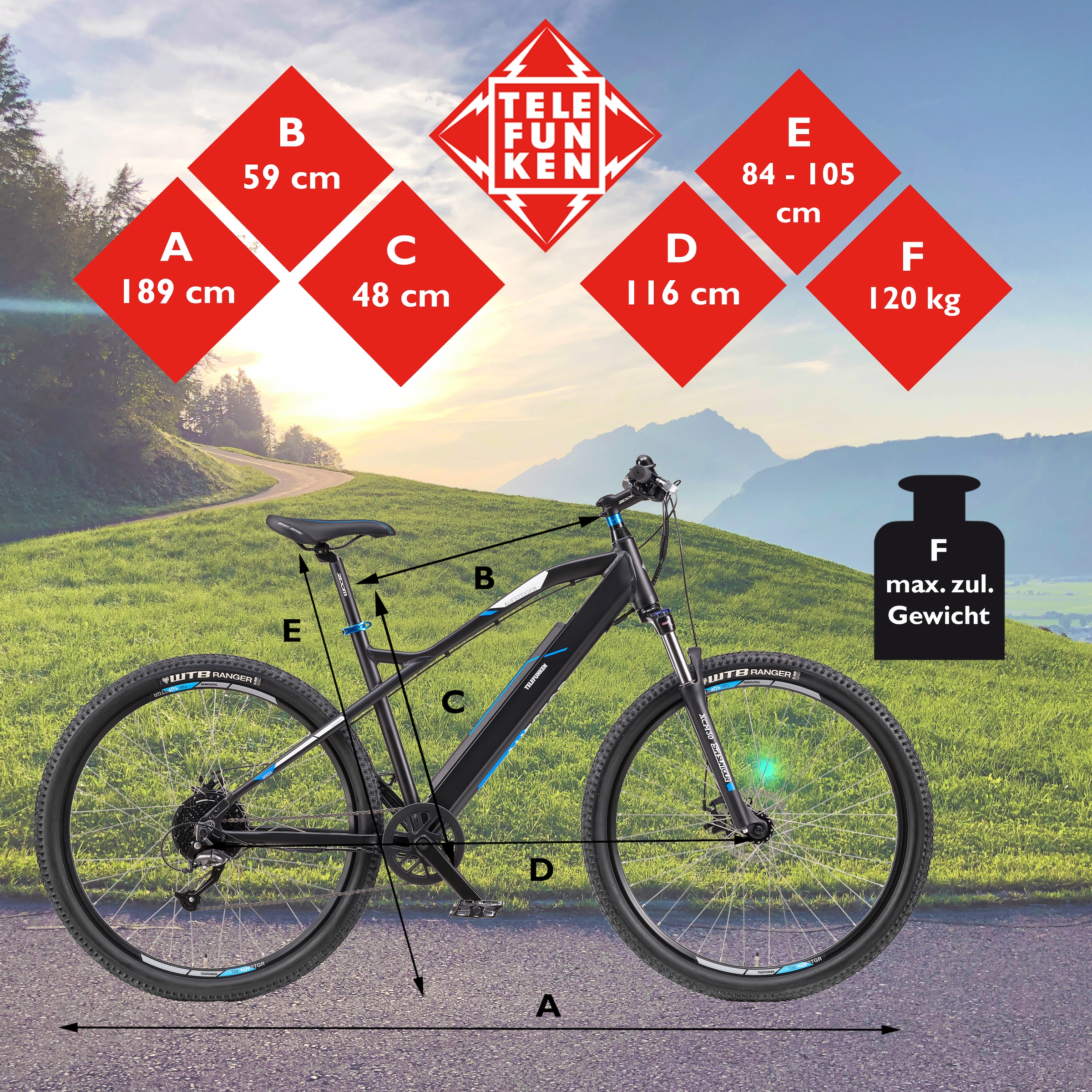 Telefunken E-Bike »M924«, 9 Gang, Shimano, Altus, Heckmotor 250 W, (36 V 504 Wh Akku-ca. 100 km Reichweite-Geländebike off road), Mountainbike MTB Elektrofahrrad, Damen Herren, 27,5 / 29 Zoll, Pedelec