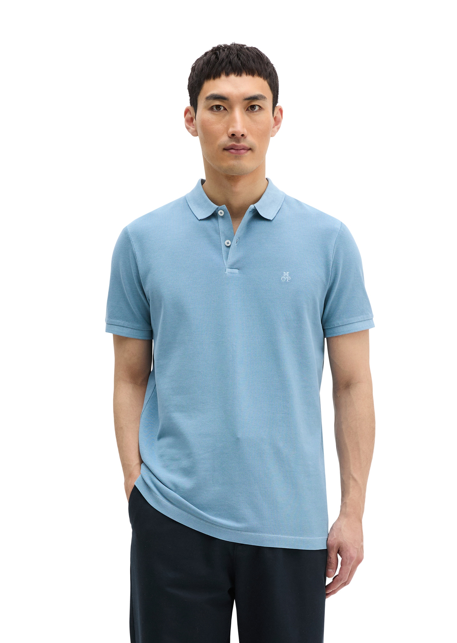 Poloshirt MARC O'POLO "aus Organic Cotton-Stretch", Herren, Gr. M, blau dawn, Obermaterial: 95% Baumwolle, 5% Elasthan, unifarben, figurbetont, Rippbündchen, Shirts