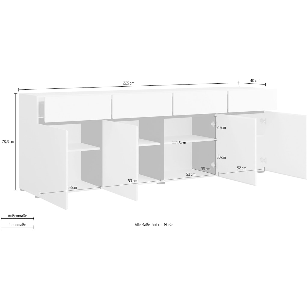 INOSIGN Sideboard »Cross,Breite 225 cm, moderne grifflose Kommode,4 Türen/4 Schubkästen«, Schubladenschrank mit viel Stauraum, Einlegeböden verstellbar