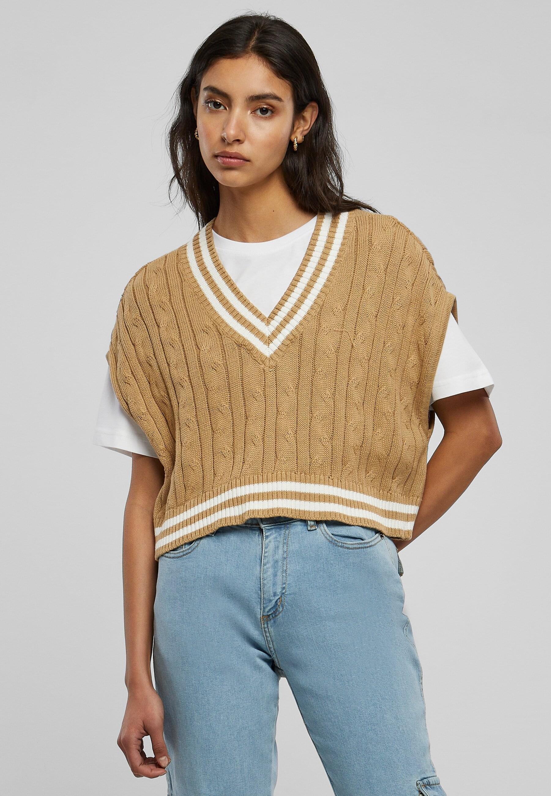 URBAN CLASSICS Rundhalspullover »Urban Classics Damen Ladies Cropped Knit College Slipover«, (1 tlg.)