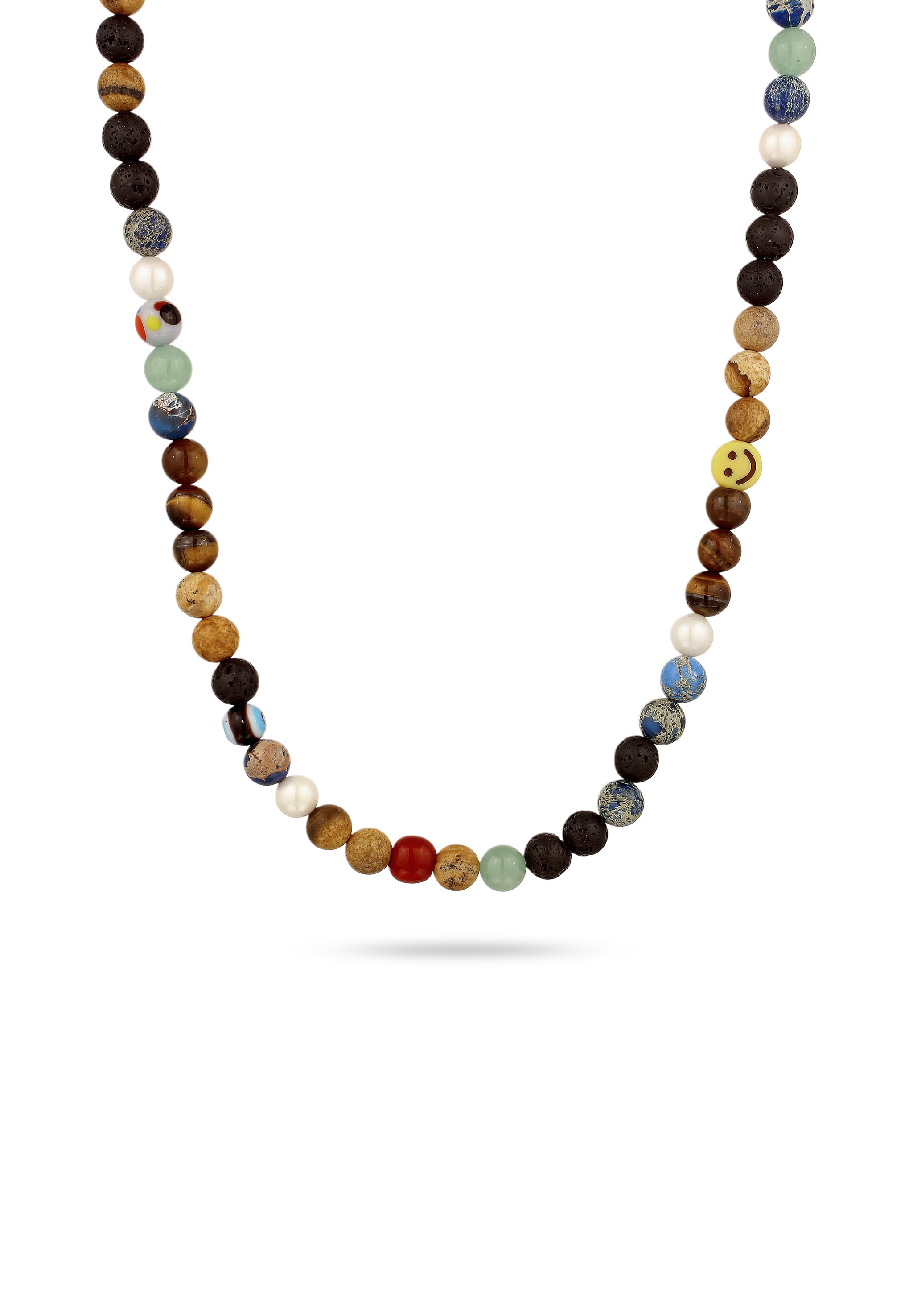 "Silberkette KUZZOI ""Halskette Beads mit Smiling Face Silber Tigerauge Braun 925 Sterling Silber"" Gr. 50, bunt, Halsketten, Herren, Silber 925