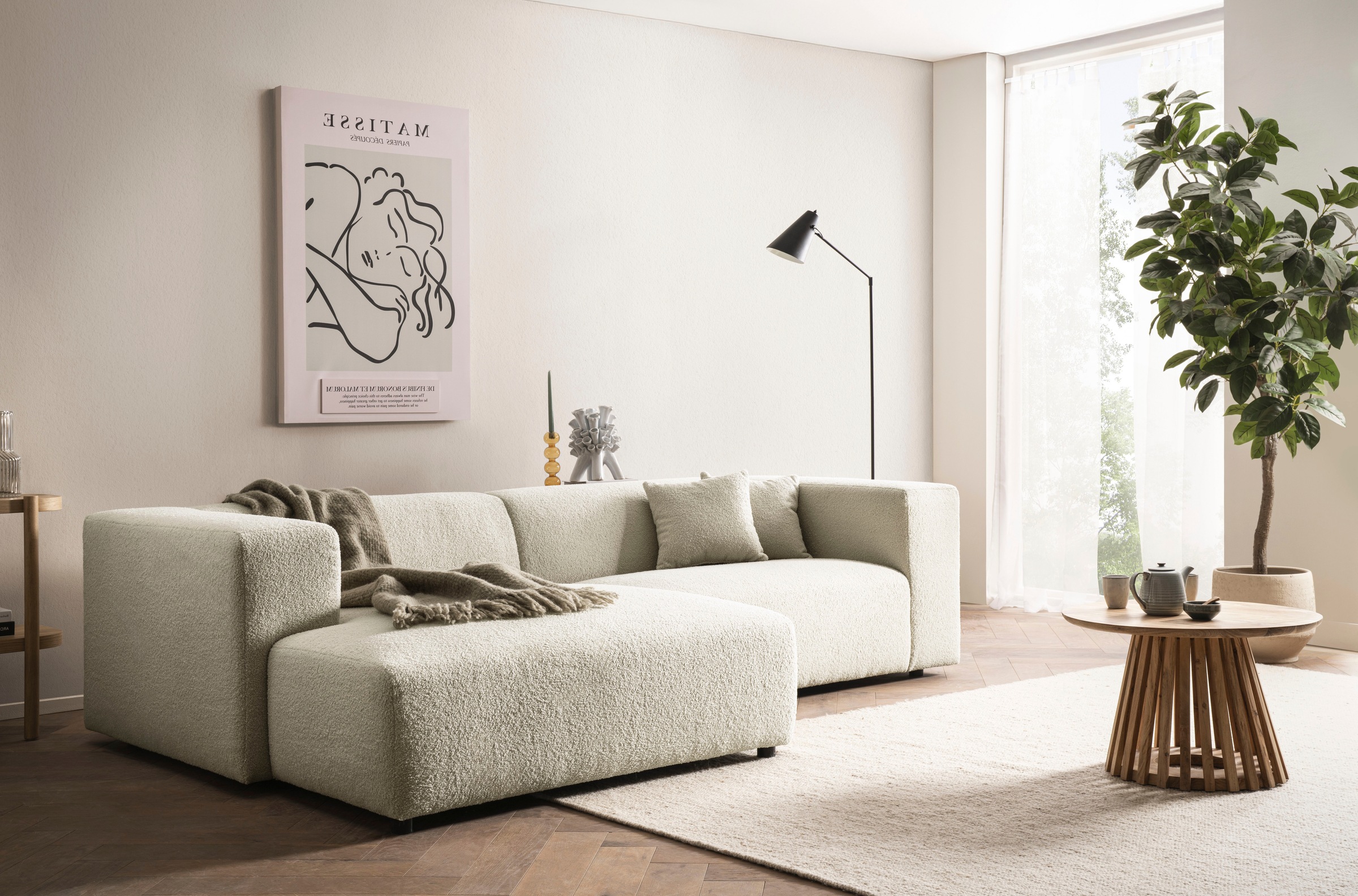 andas Ecksofa »BAKELS, L-Form in Cord oder Boucle-Stoff, moderne Couch«, wahlweise Recamiere rechts/links, bequemer Sitzkomfort