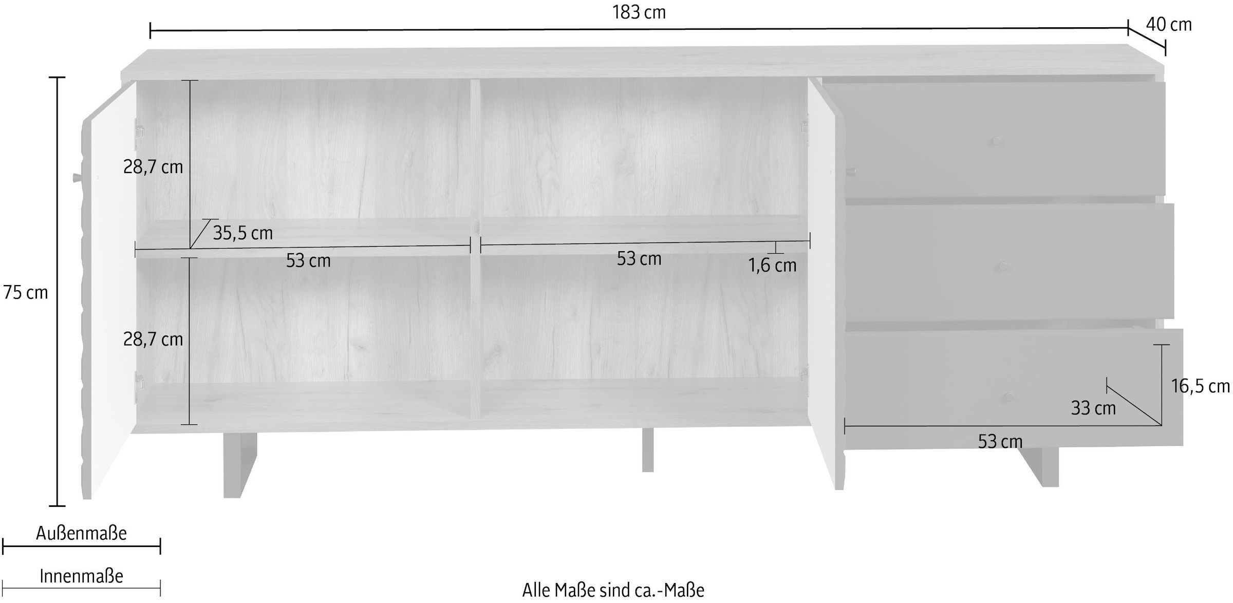 Home affaire Sideboard »Ferretti« Wohnzimmerkommode mit besonderer Fräsung und Füße/Griffe aus Metall