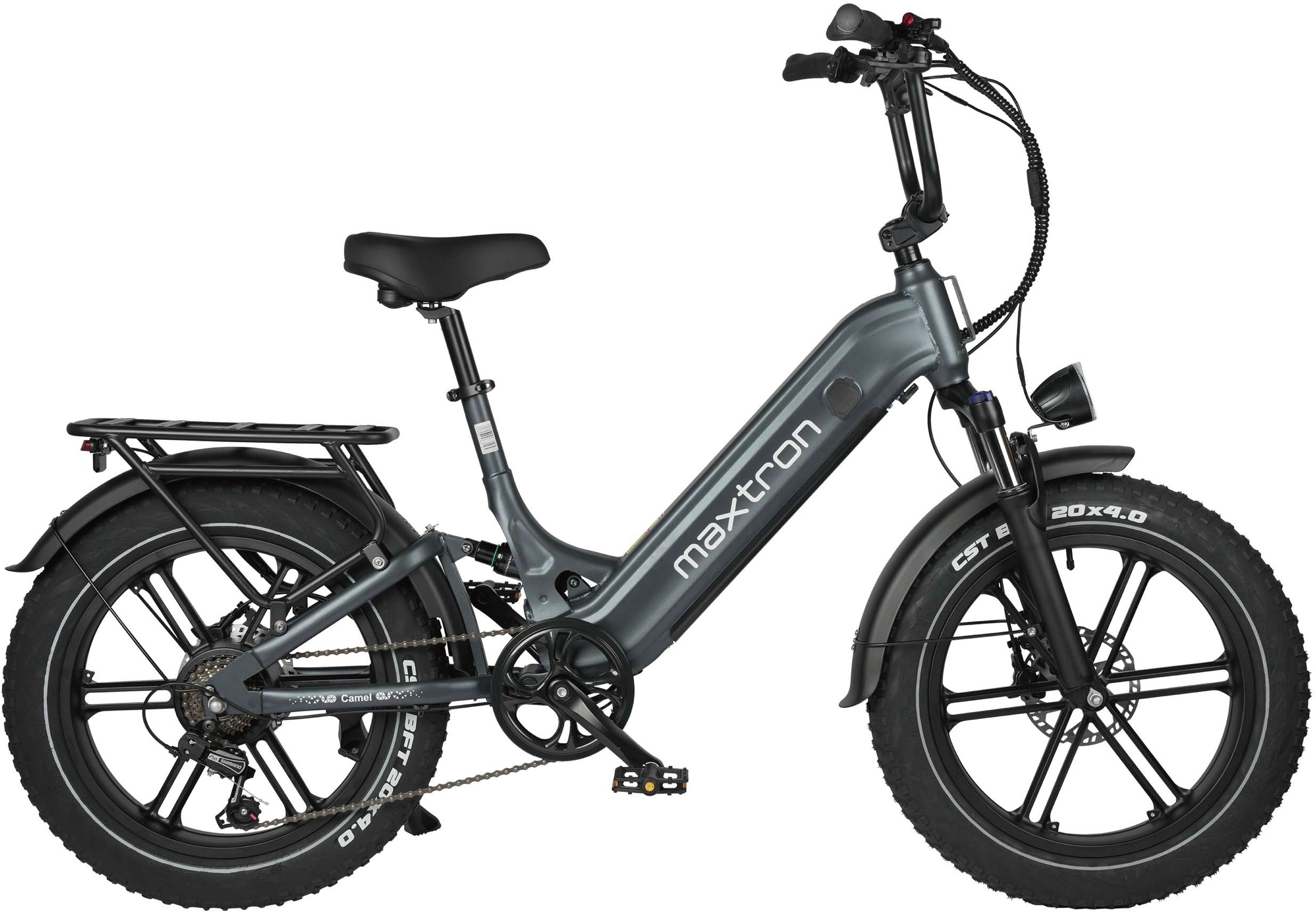 Maxtron "Maxtron Camel E-Bike compactbike" 7 Gang Shimano Kettenschaltung Heckmotor 250 W Packung, 20-Zoll-Fettreifenfahrrad mit Vorder- und Hinterradfederung