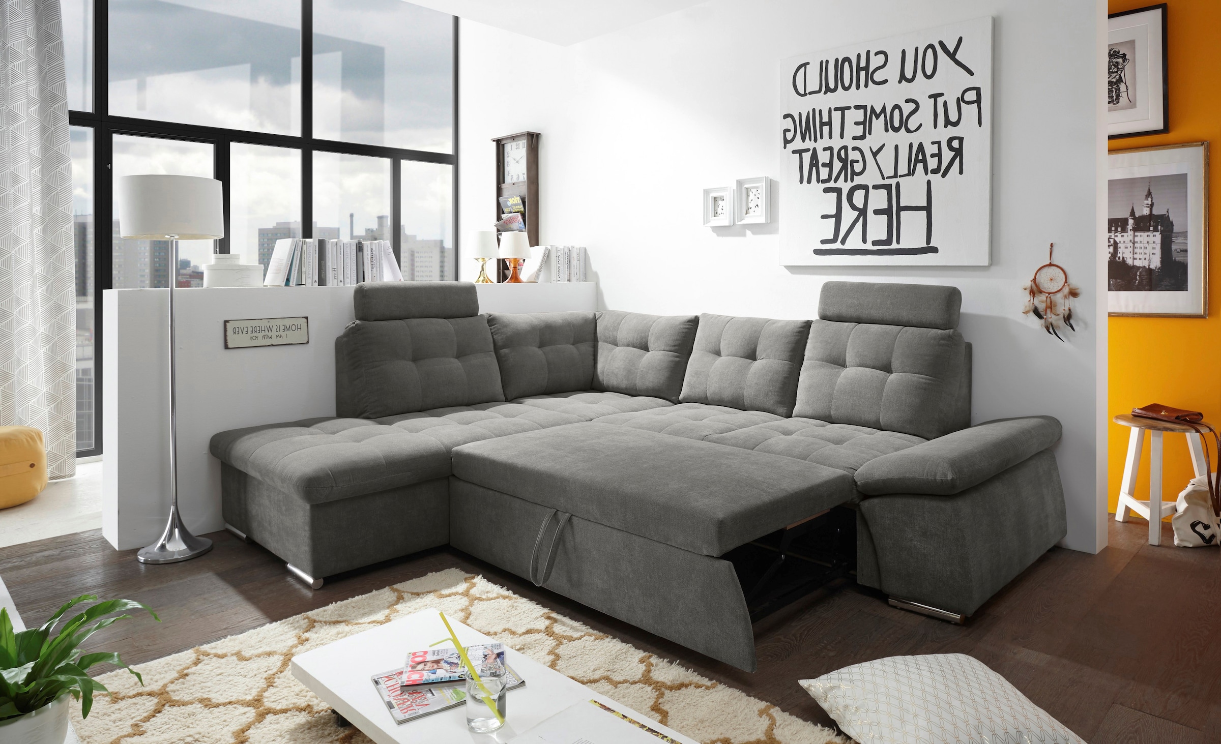 ED EXCITING DESIGN Ecksofa »Nalo L-Form«, mit Bettfunktion, Bettkasten, Kopfstützen, Nierenkissen etc.