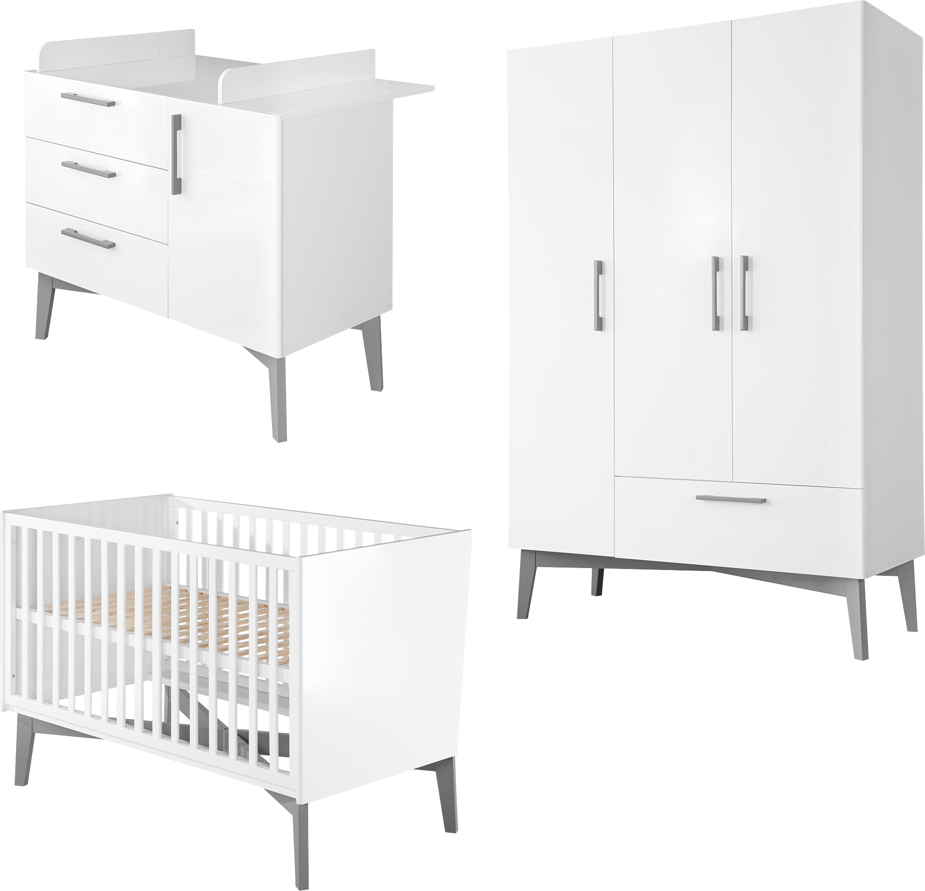 roba Babyzimmer-Komplettset "Mika", (Set, 3 tlg., Kombi-Kinderbett, Kleiderschrank, Wickelkommode), mit grauen Füßen im 