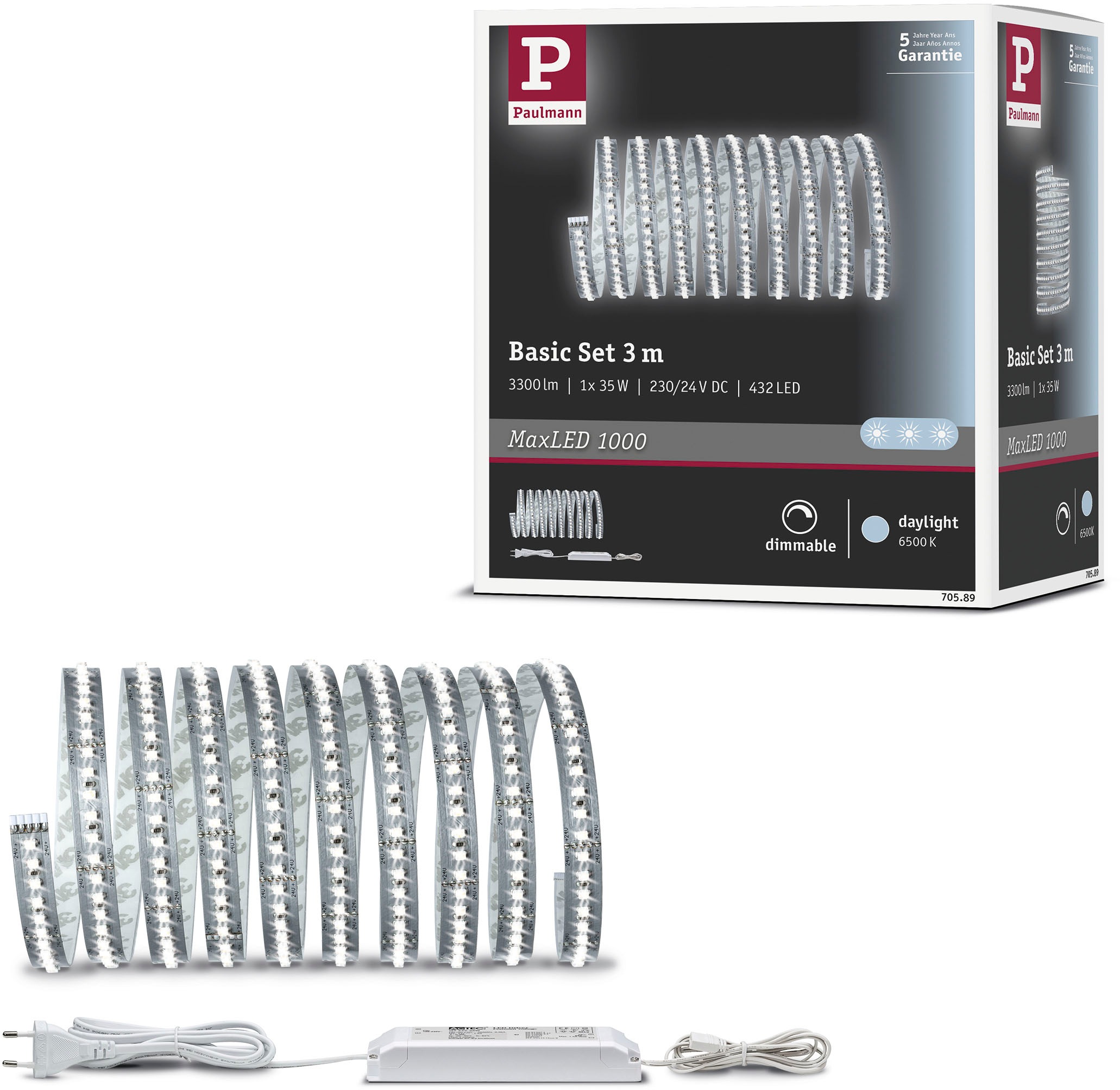 PAULMANN LED-Streifen "MaxLED 1000 Basisset 3m Tageslichtweiß 35W 1100lm/m 6500K", Dioden 432 Stk. Flammen 1 Stk., Gesamtlänge 3m, silber, Küche,