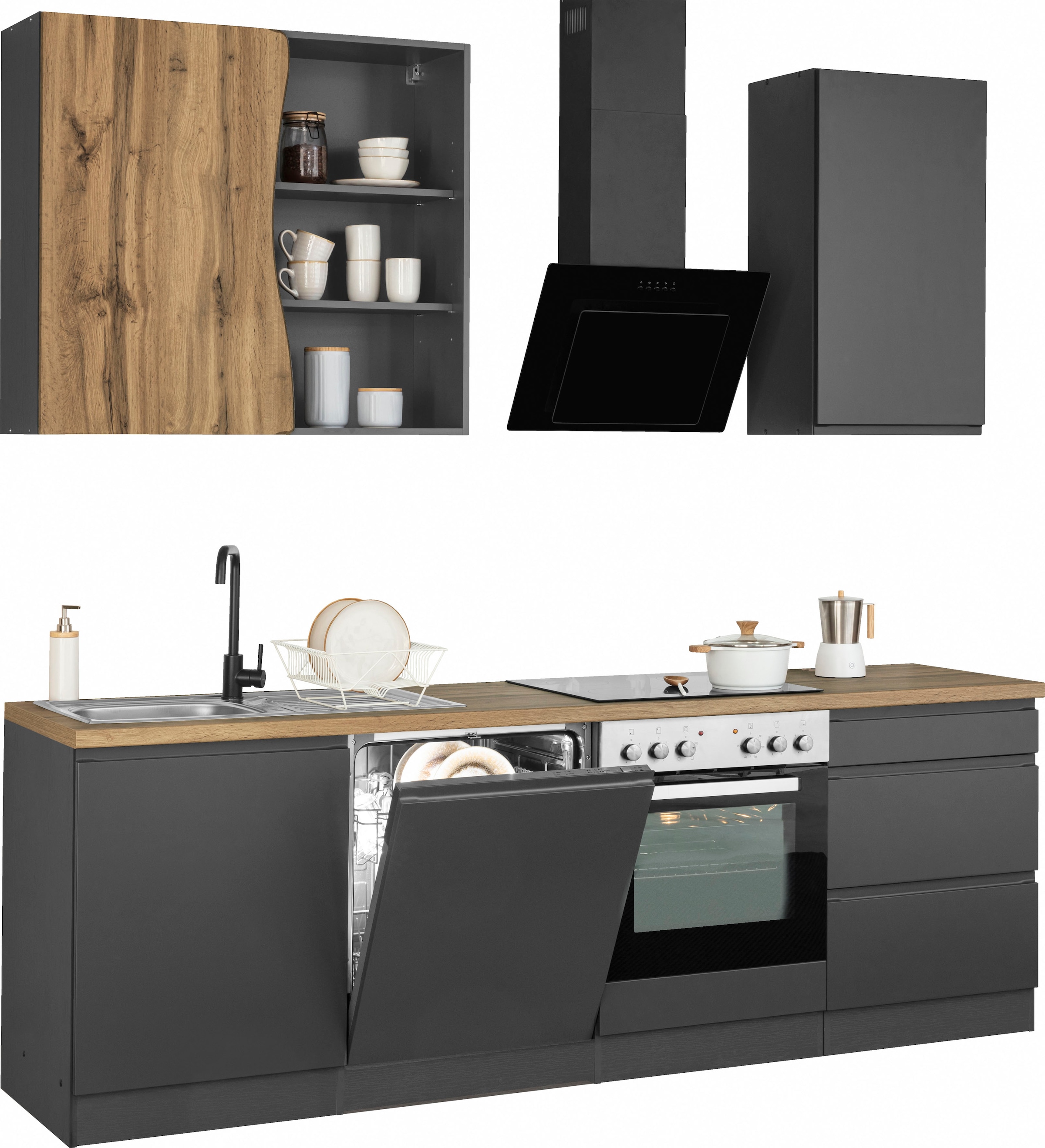 KOCHSTATION Küchenzeile »KS-Bruneck«, 240cm breit, wahlweise mit oder ohne E-Geräte, hochwertige MDF-Fronten