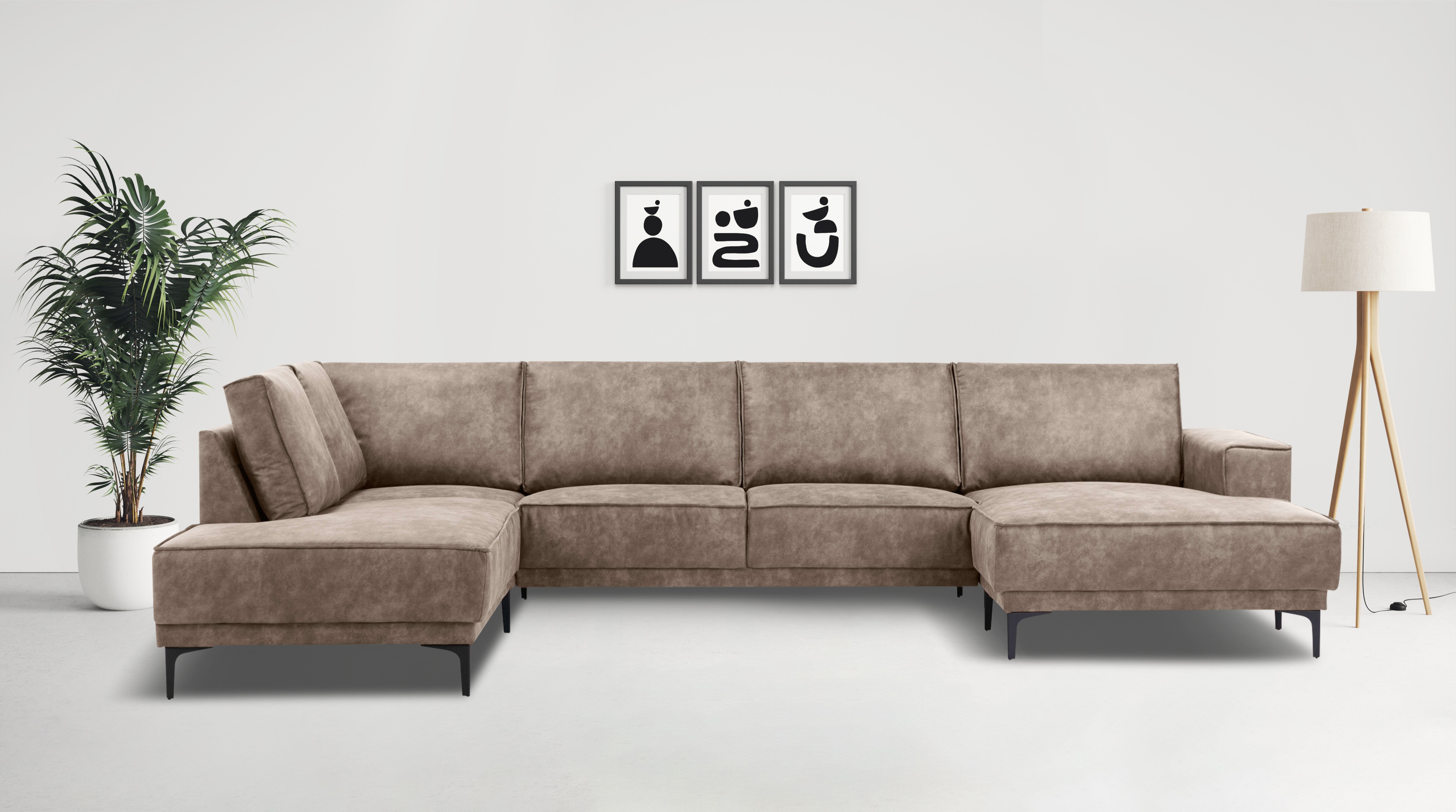 OTTO home Wohnlandschaft "OLAND Luxus-Microfaser U-Form, XXL, B: 345 cm, Skandi-Design" U-Form, 345 cm, Wellenunterfederung, Skandi-Design, Metallfüße