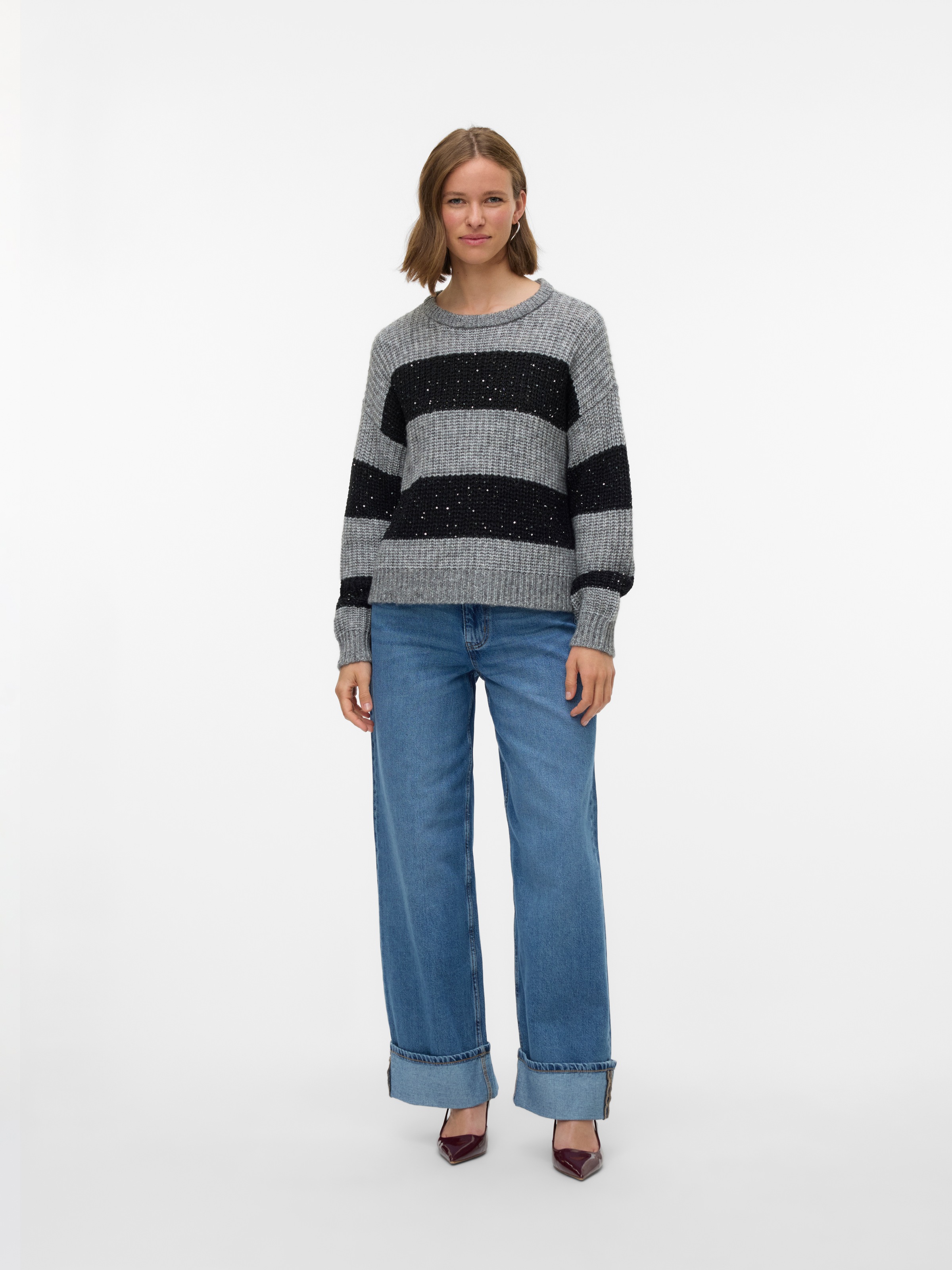 Strickpullover VERO MODA "VMSPARKLE LS O-NECK PULLOVER", Damen, Gr. L, medium grau melange detail:with schwarz stripe, silber sequins, Strick, Obermaterial: 67% Polyester, 33% Polyacryl, Glitzerstreifen, regular fit hüftlang, Rundhals, Pullover Strickpull 3