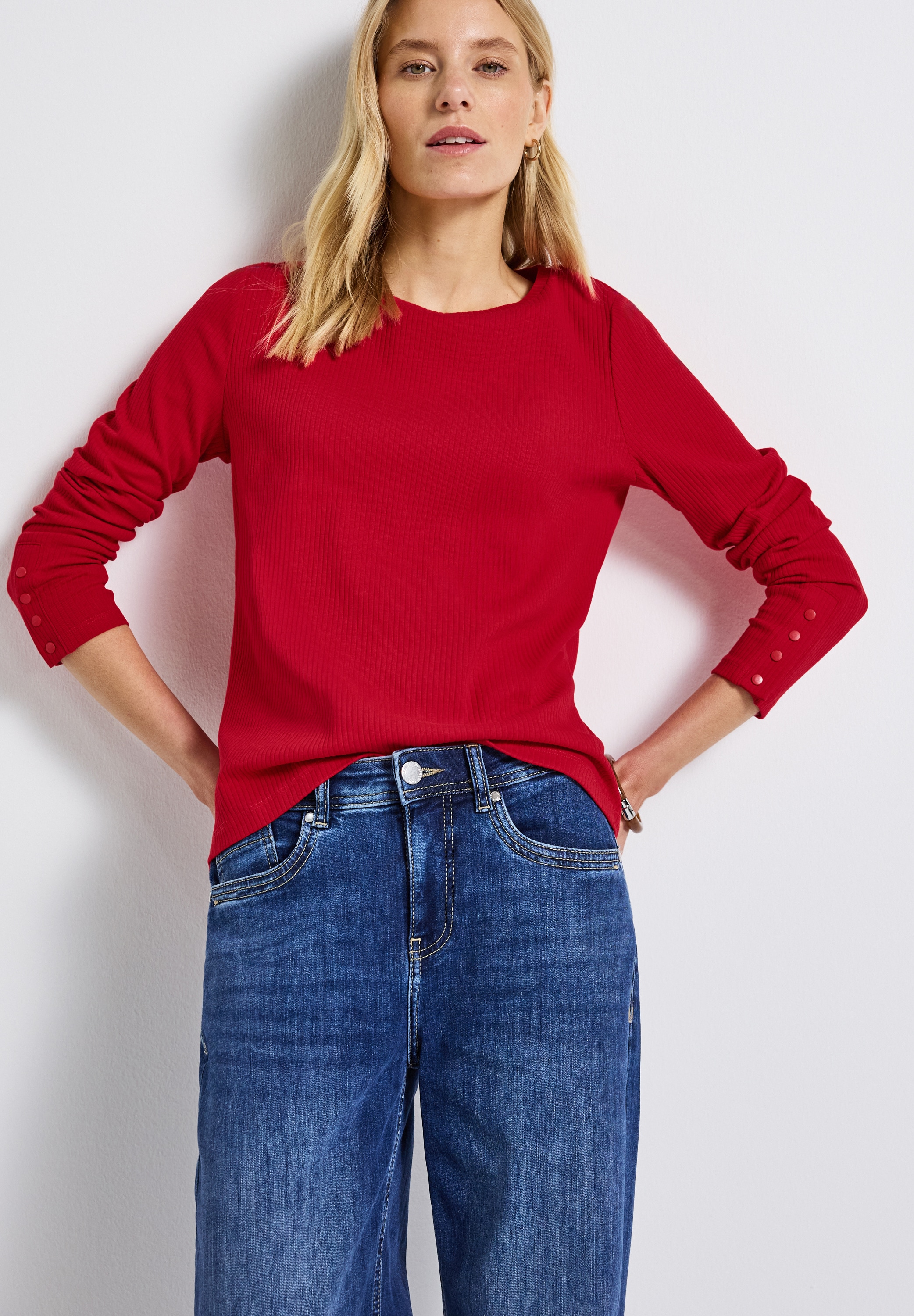 STREET ONE Langarmshirt, mit Rippstruktur und Langarm mit Knopfdetail günstig online kaufen