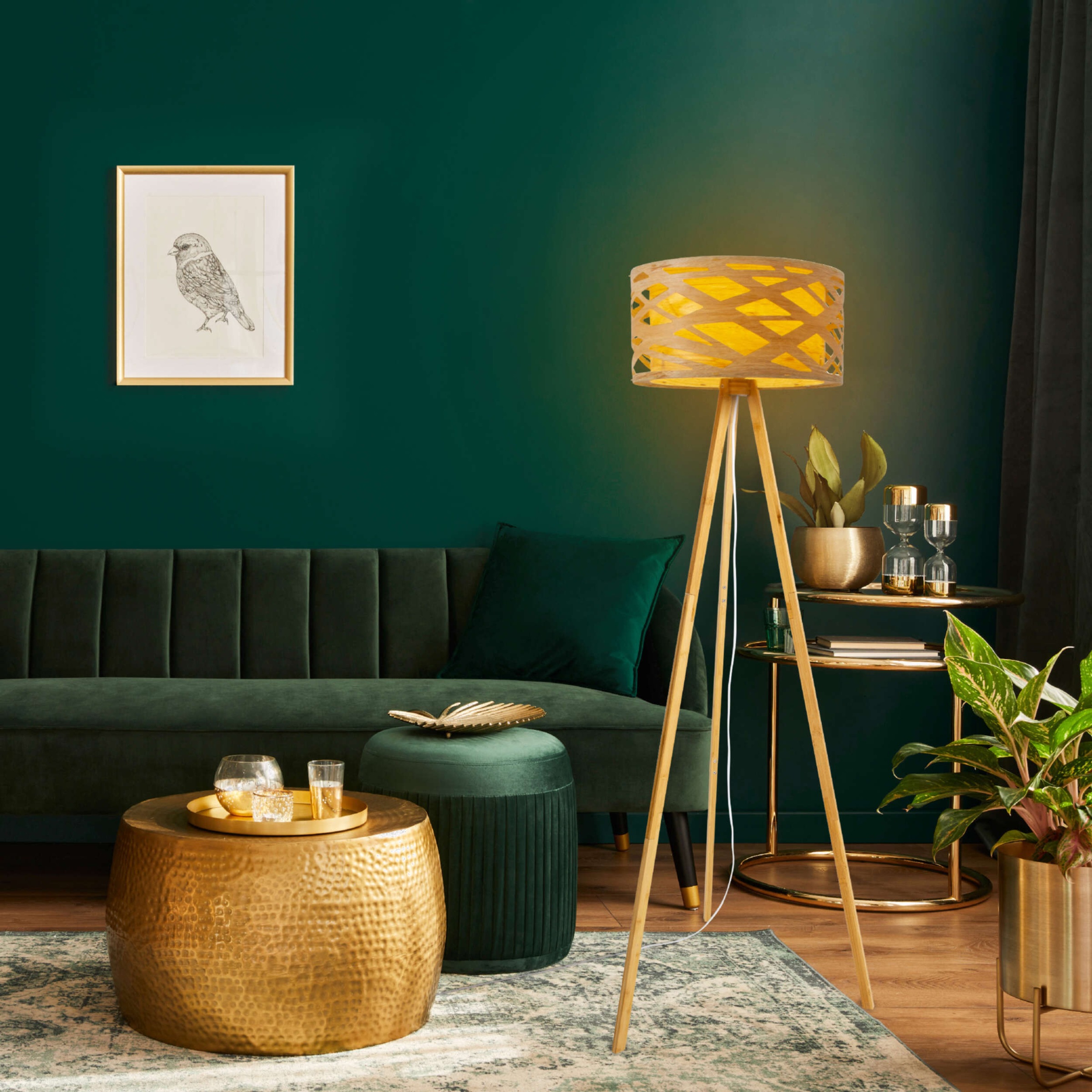 näve Stehlampe »Finja« E27 1 Stk. Dreibein, Schirm rund, Holzoptik mehrschichtig durchbrochen, 1x E27