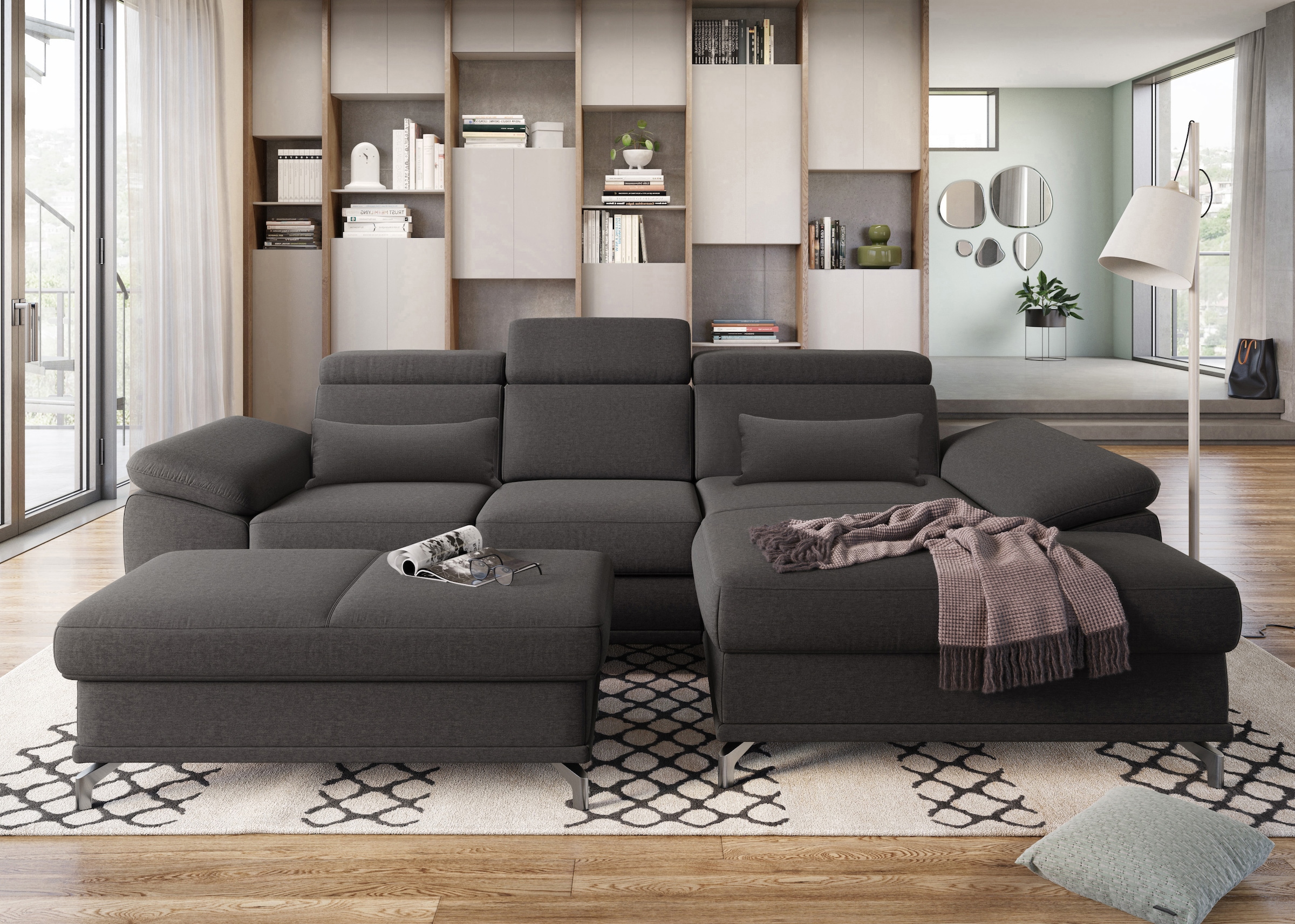 Sit&More Ecksofa, mit Sitztiefen- und Armteilverstellung sowie Federkern, wahlweise mit Bettfunktion und Bettkasten, jeweils inklusive 2 Nierenkissen, frei im Raum stellbar