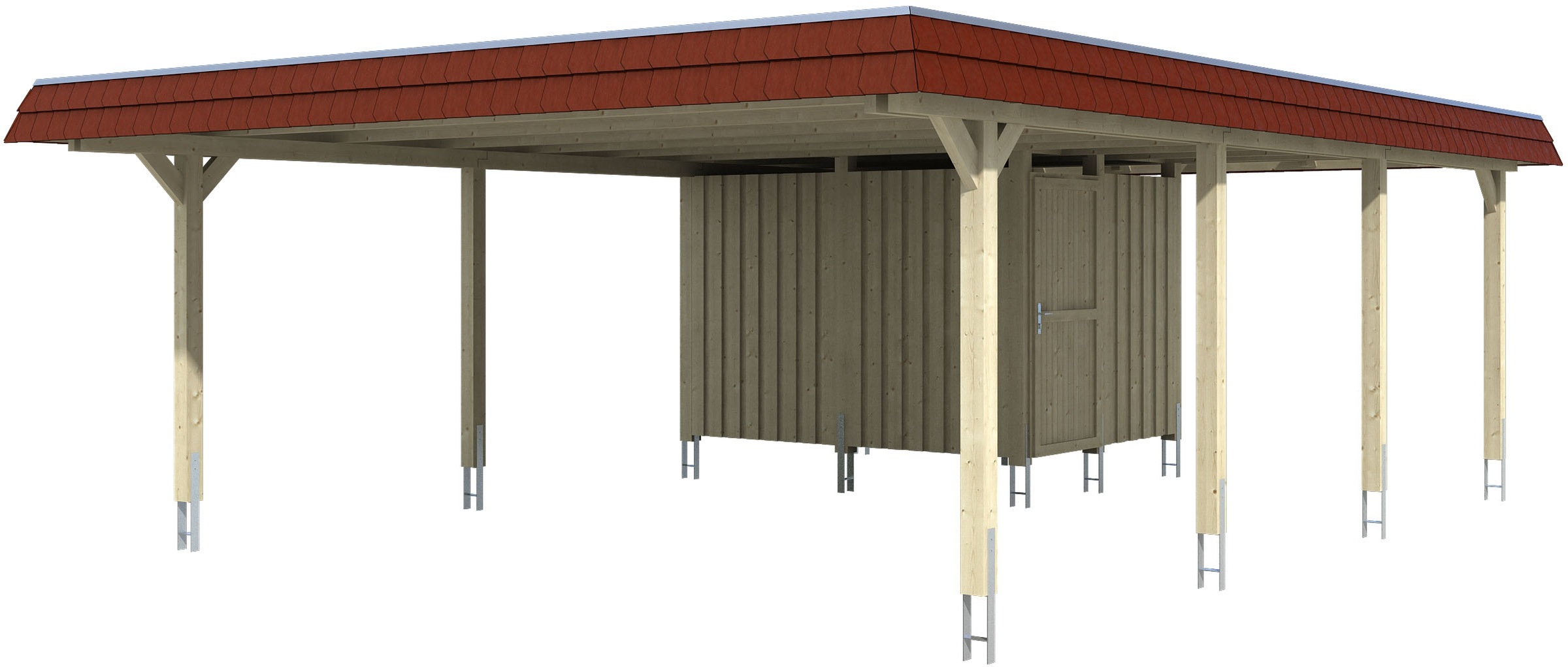 Doppelcarport SKANHOLZ, grau, Carports, "Wendland", mit Abstellraum mit Aluminiumdach, rote Blende