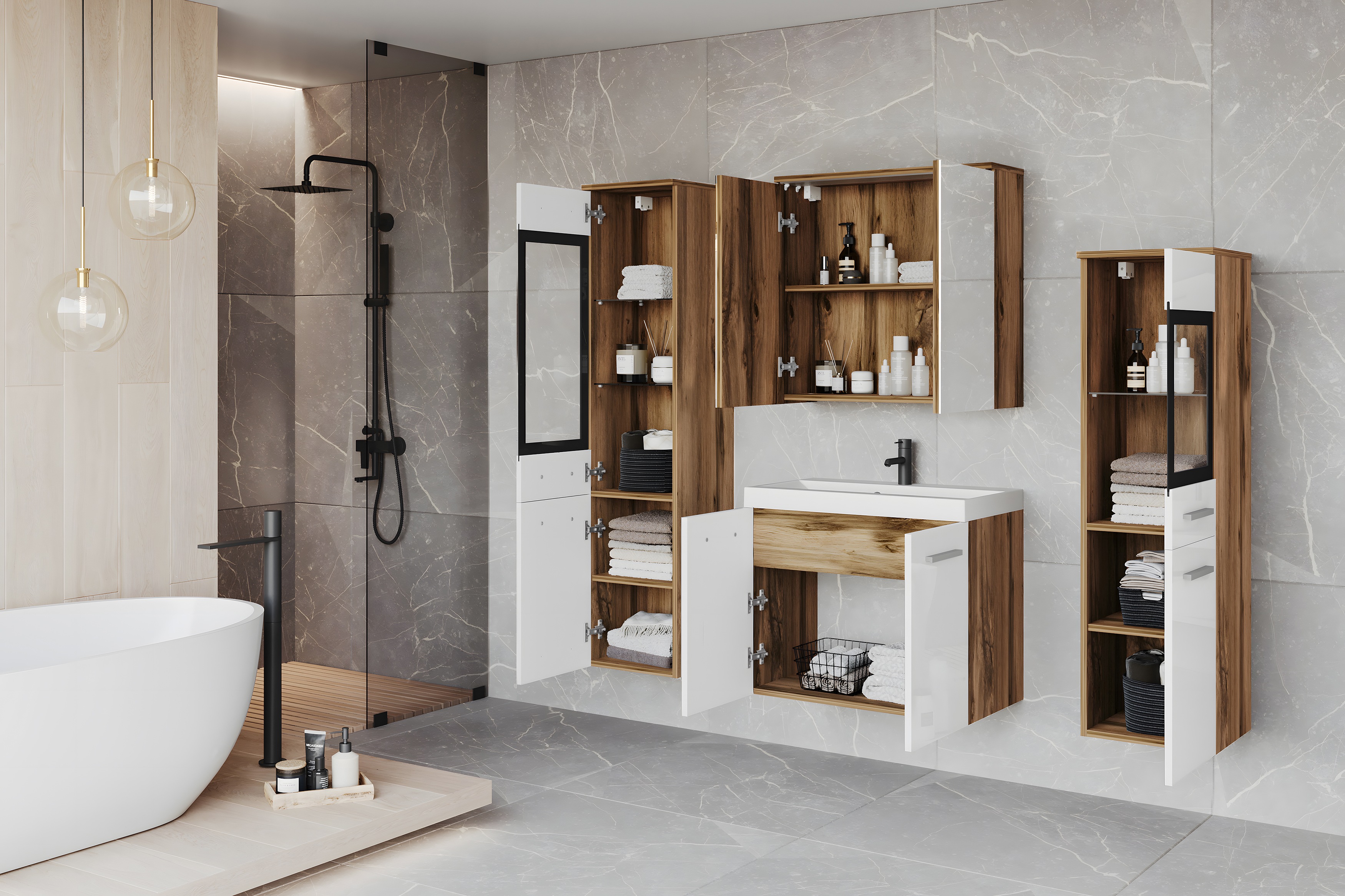 Thumbnail - welltime Badmöbel-Set "MADRIT II, Schrank mit Waschbecken, 2 Hänger, Spiegelschrank" Komplett-Set, 5 Stk. tlg.