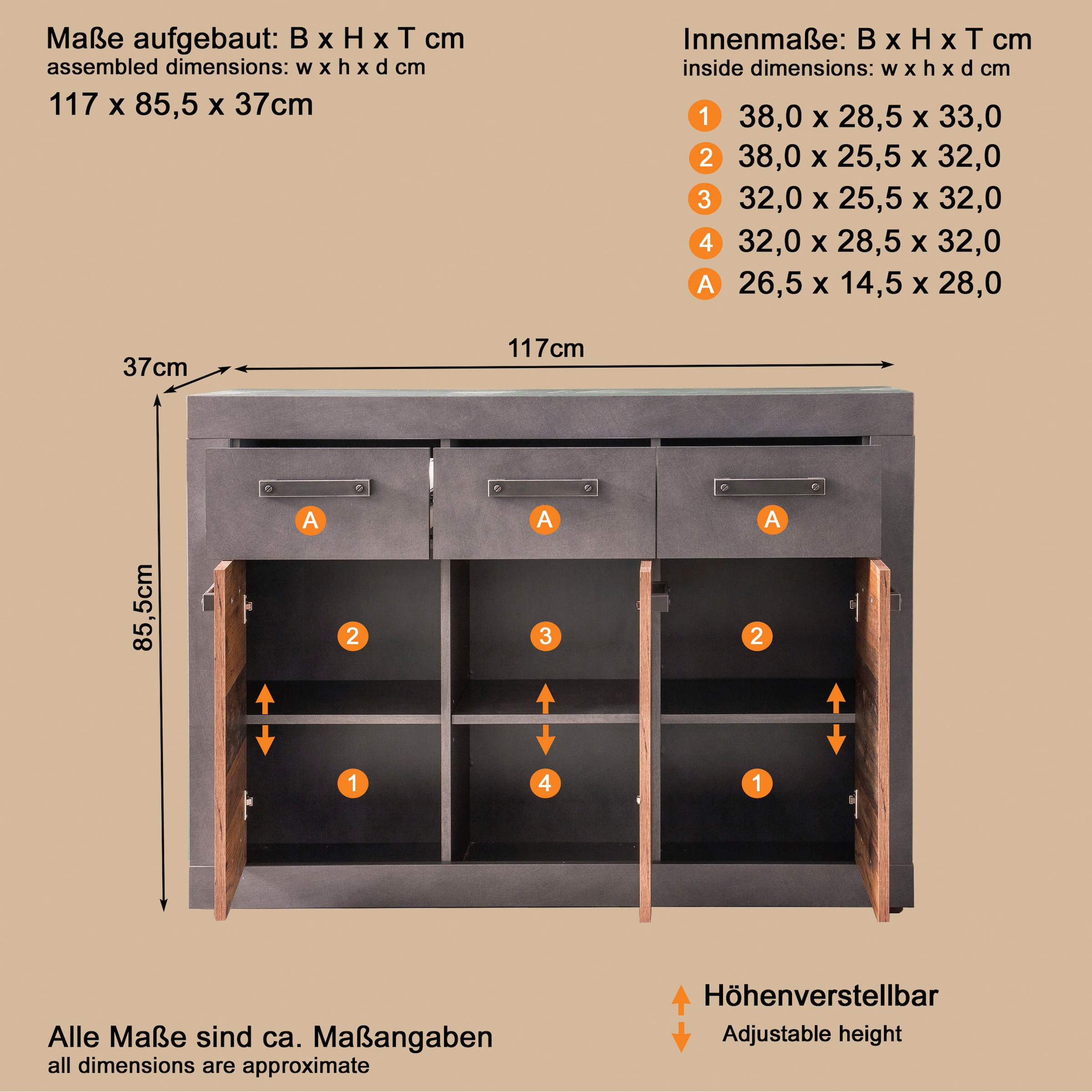 INOSIGN Kommode »Ilana«, Kommode mit 3 Türen & 3 Schubladen - (B/T/H) 117/37/86 cm