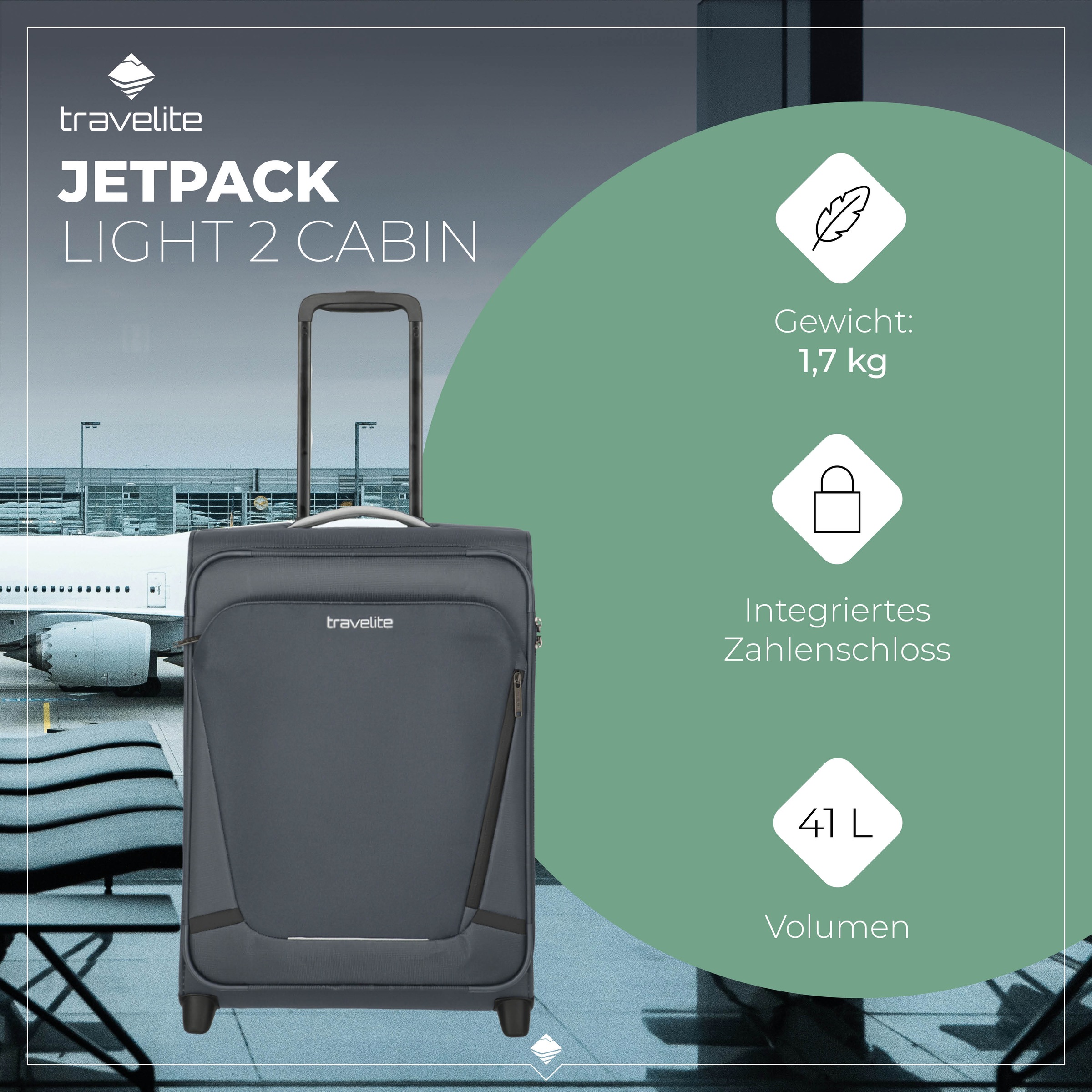 travelite Handgepäck-Trolley »JETPACK Multi Light 2 Cabin, konzipiert für Condor & Ryanair«, 4 Rollen, Weichgepäck-Koffer Handgepäck für die meisten gängigen Airlines