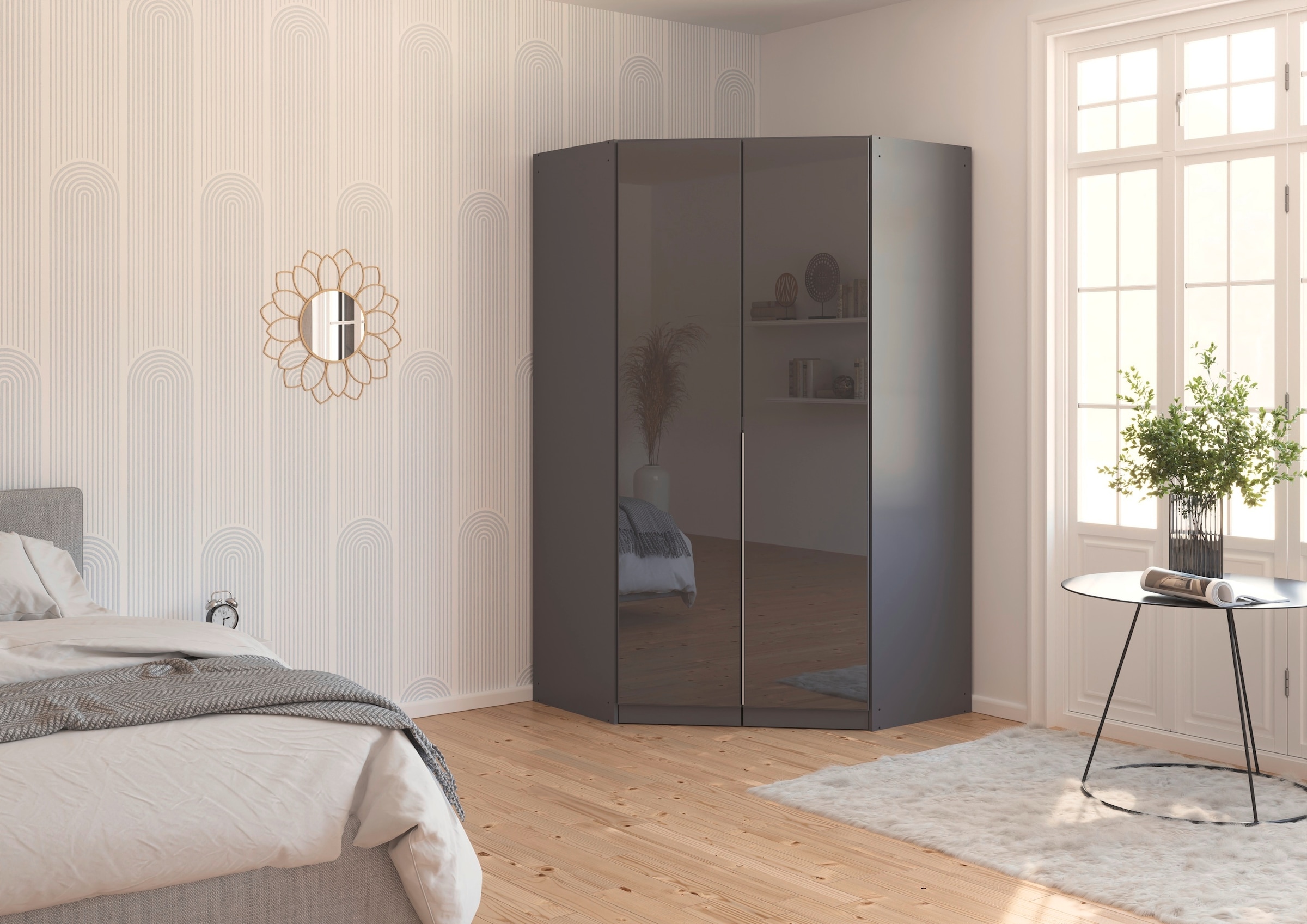 rauch Eckkleiderschrank »Kleiderschrank Schrank Ankleidezimmer Schlafzimmer Garderobe AGORDO«, (in zwei Griff-Farben), mit Glastüren, voll ausgestattet mit viel Stauraum MADE IN GERMANY