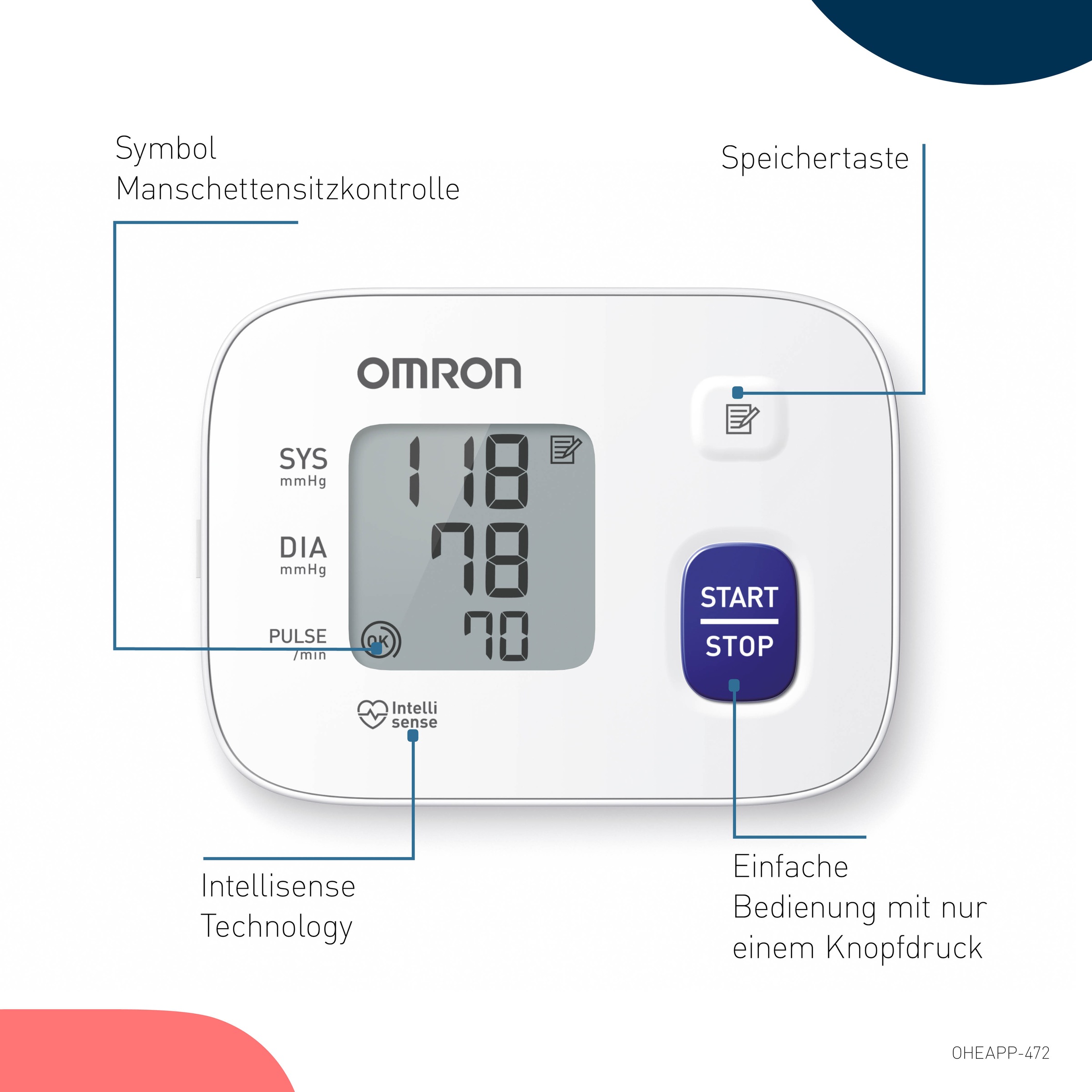Omron Handgelenk-Blutdruckmessgerät "RS1, klinisch validiert, vorgeformte Manschette 13.5-21.5 cm" einfache Anwendung, präzise Messung, für zu Hause und unterwegs