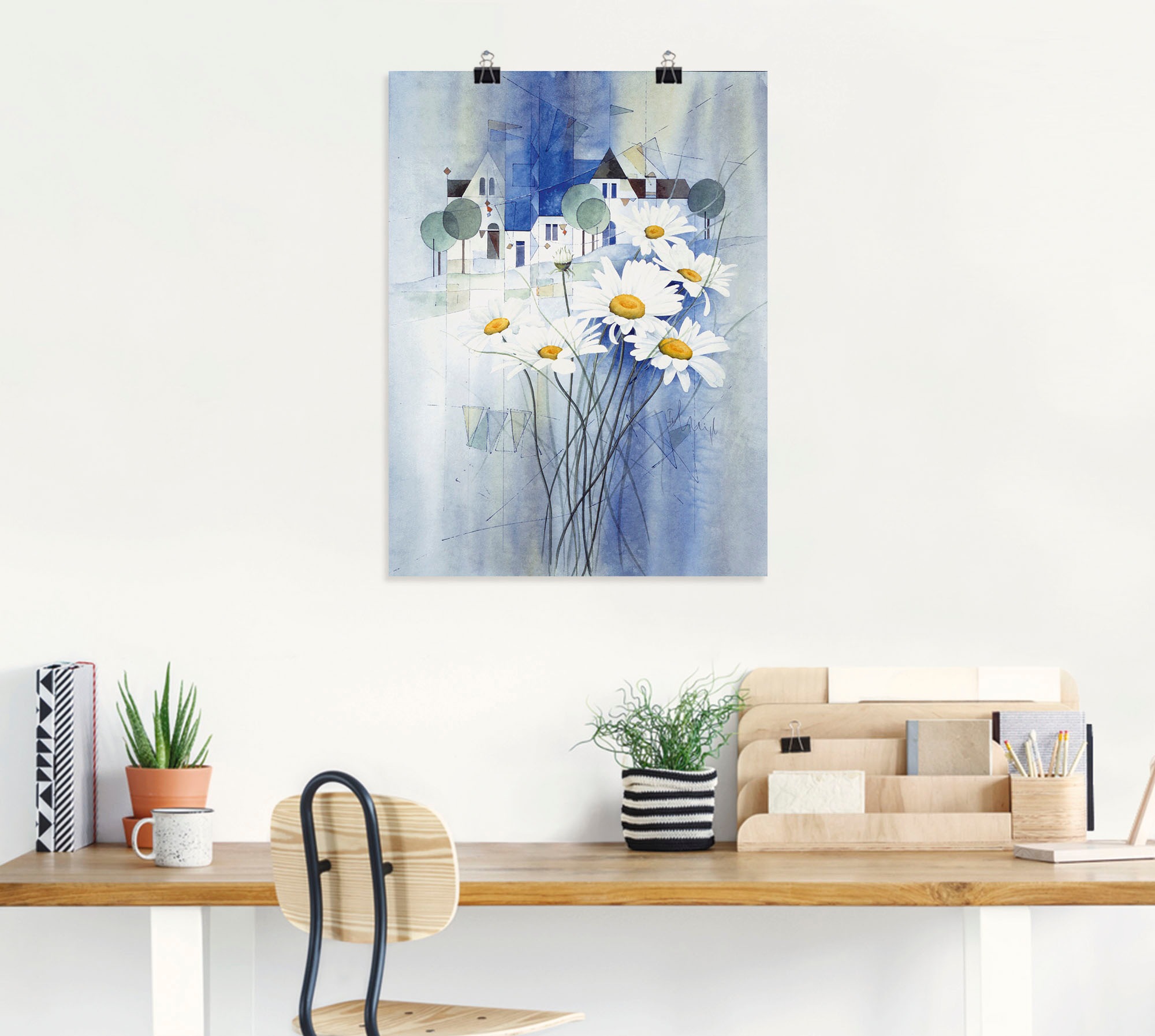 Artland Poster »Ansicht mit Margeriten«, Blumen, (1 St.), als Leinwandbild, Wandaufkleber oder Poster in versch. Größen