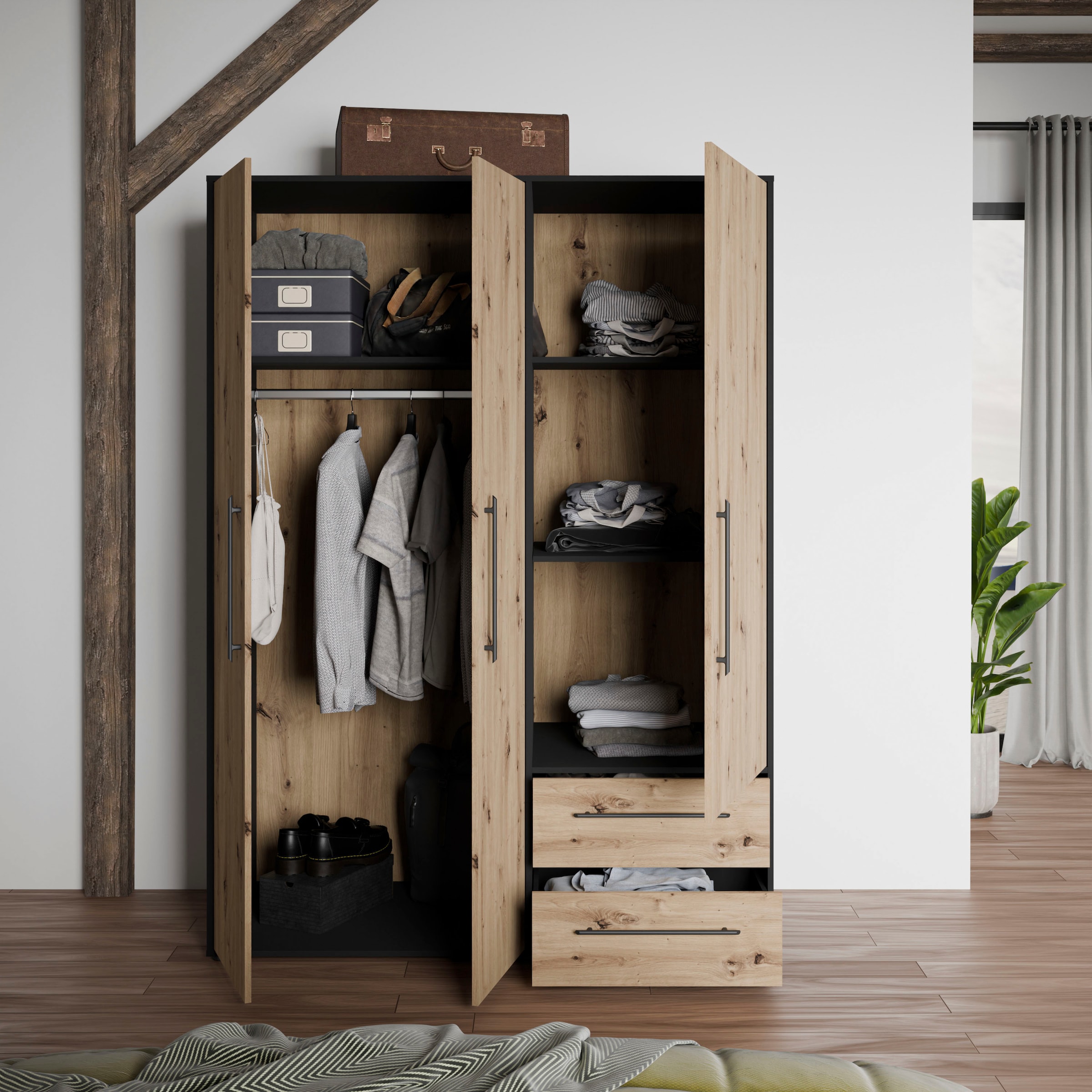 FORTE Drehtürenschrank »Mokkaris, TOPSELLER! 3 oder 4 Türen, zeitloses Design«, (BHT ca. 145x200x59cm oder BHT ca. 206x200x59cm), Schubladen + schwarze Stangengriffe, Made in Europe, viel Stauraum