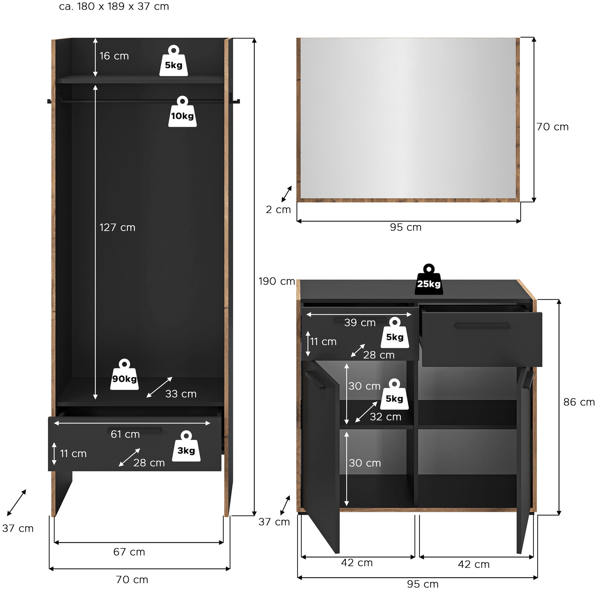 INOSIGN Garderoben-Set »MUSTA, 3-teilig: Garderobenschrank, Kommode & Garderobenspiegel«, Kombination, Kompaktgarderobe, Garderobenkombination, Garderobe