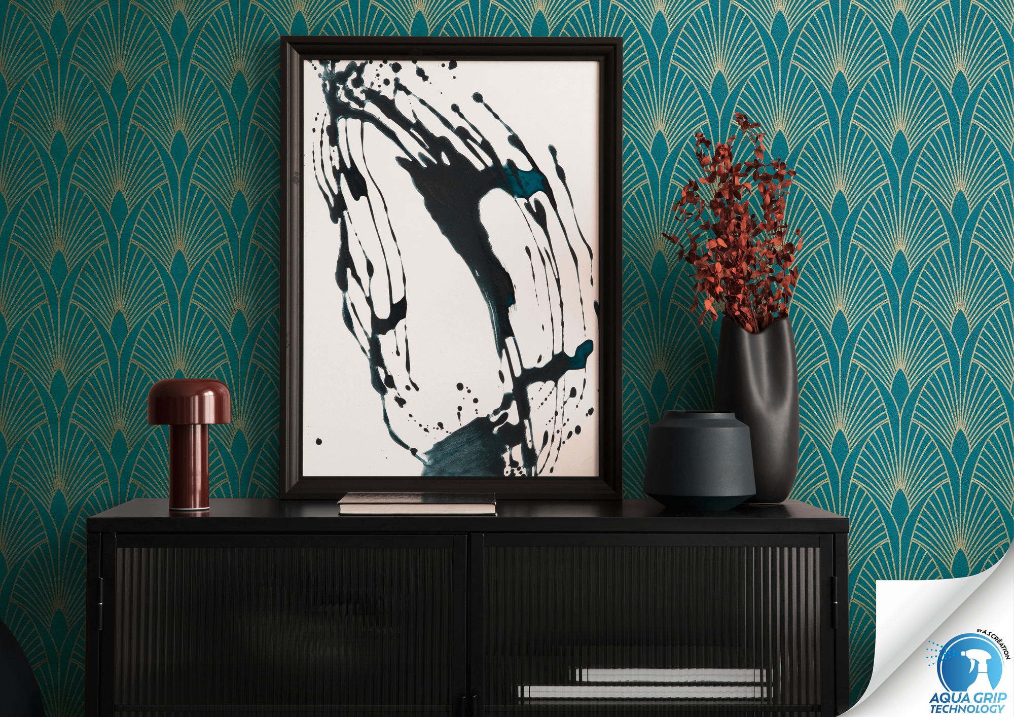 living walls "DesignDrop vorgeleimte Tapete Art Deco Design Blau Grün Gold" leicht glänzend strukturiert Vliestapete vorgekleistert grafisch für Schlafzimmer Wohnzimmer Küche