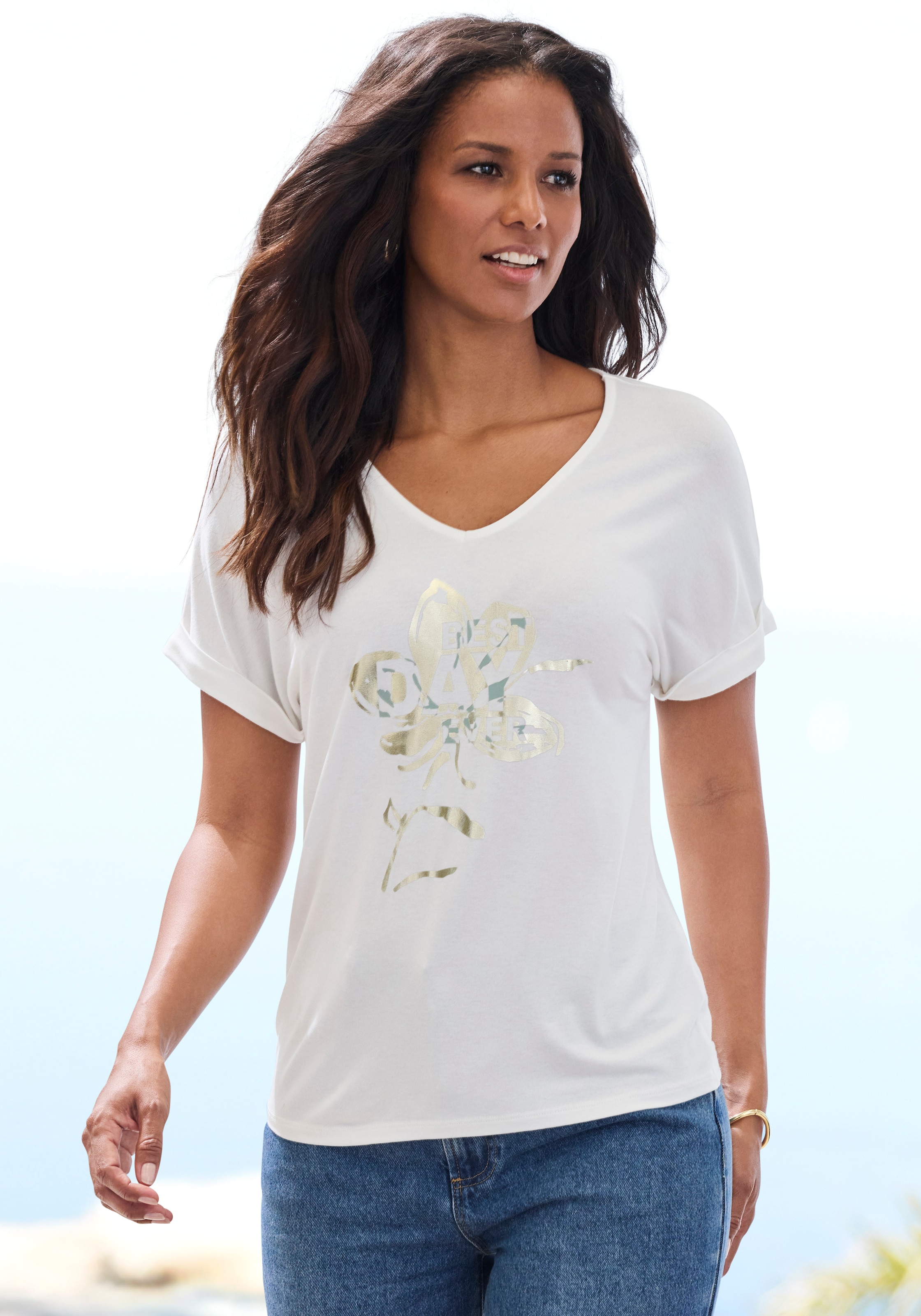 LASCANA Kurzarmshirt "mit schimmerndem Print" aus weichem Viskose-Stretch günstig online kaufen