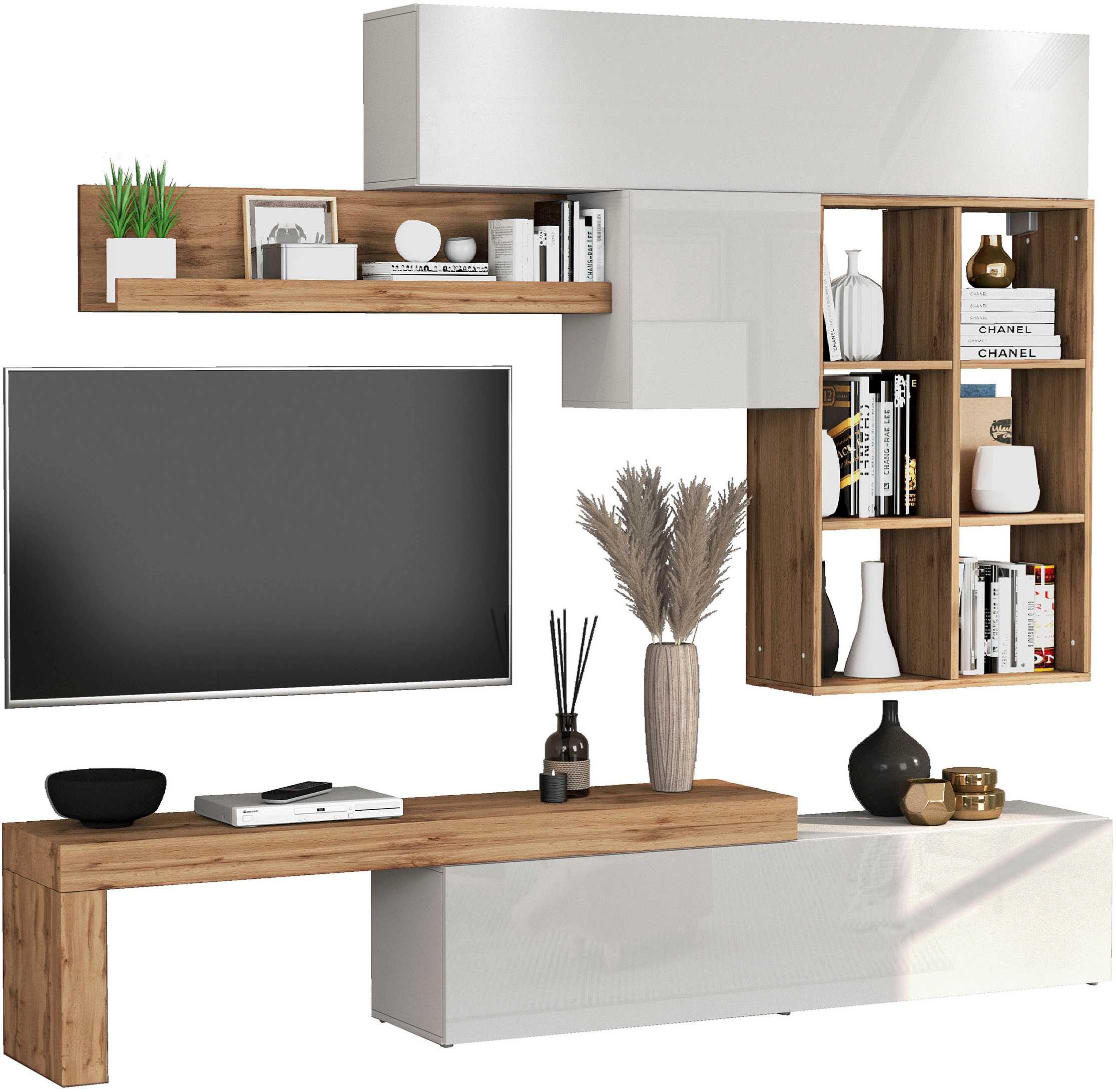 INOSIGN Wohnwand »Chronos Wohnwand, Medienwand, 5-er set«, (Set, 5 St.), ca. 270 cm mit Hängeschränke, Würfel, Regal, Lowboard, Made in Italy